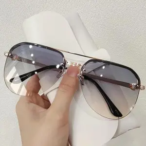 Women’s Semi-Rimless Metal Half-Frame Sunglasses – Classic Double Beam Oversized Eyewear, Lightweight UV Protection Fashion Glasses for Driving, Vacation & Daily Wear