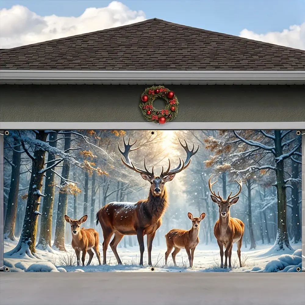 Christmas Reindeer Garage Door Winter Holiday Party Backdrop Fabric Tapestry Birthday Decor Photo Backdrop Wall Decoration Event Display Photography Background Christmas New Year Indoor Outdoor Polyester Fabric
