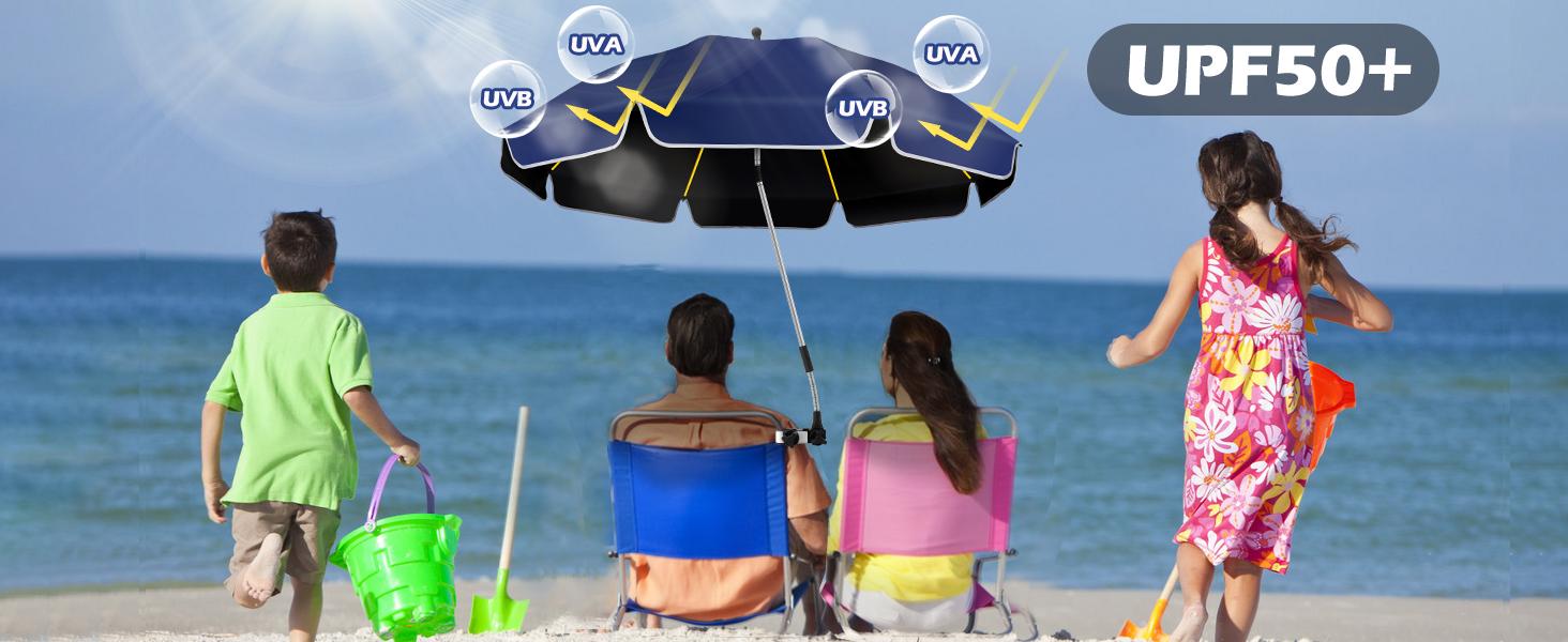 2PACK 48.8 inch Large Beach Umbrella with Clamp Sun Shade for Beach Chair,360 ° Adjustable UV Protection Golf Umbrella with Clip for Outdoor Stroller Wheelchair Camping Chair