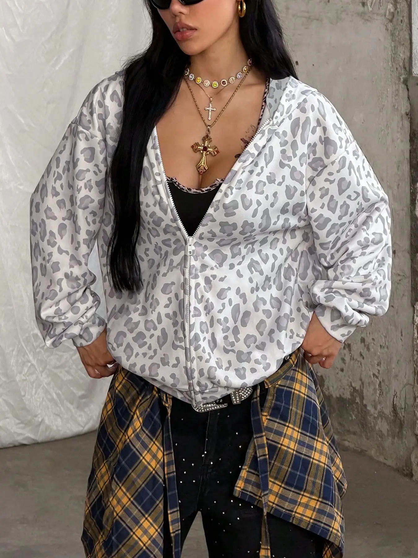 Women's Leopard Print Hooded Zipper Sweatshirt, Y2K Retro Loose Fit Jacket, Soft Breathable Fabric, Versatile Streetwear Outerwear