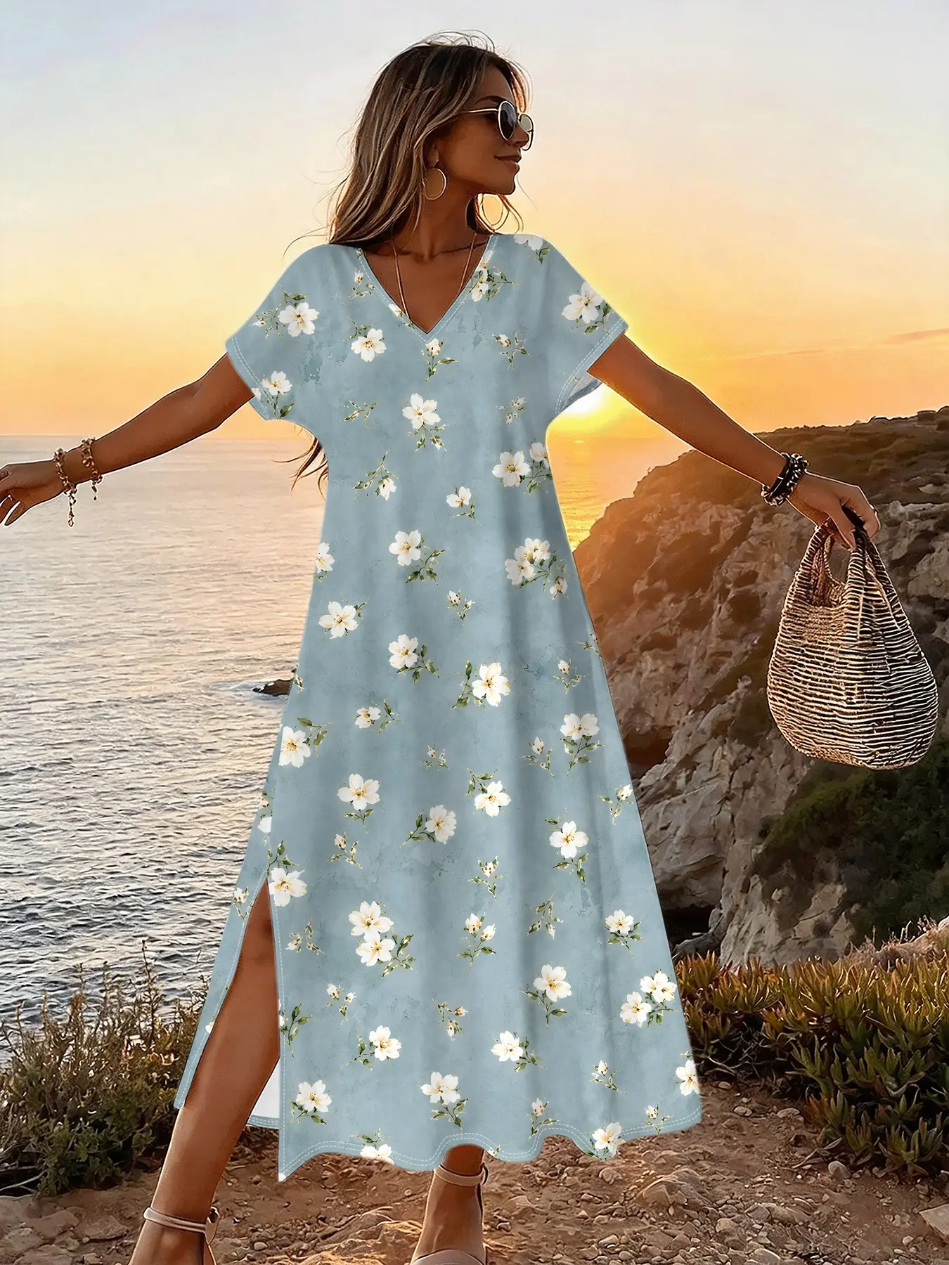 Women's Floral Print Dress, Summer Loose V Neck Split Long Dress, Short Sleeve Travel Dress, Slimming Shoulder Puff Sleeves, Casual, Multiple Colors Available