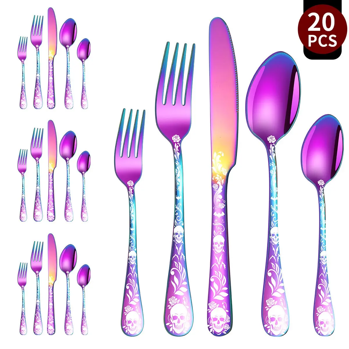 20pcs Skull Pattern Stainless Steel Flatware Set, Vintage Gothic Halloween Cutlery, Kitchen Dining Party Essentials, Unique Halloween Decor, Fork And Spoon Set