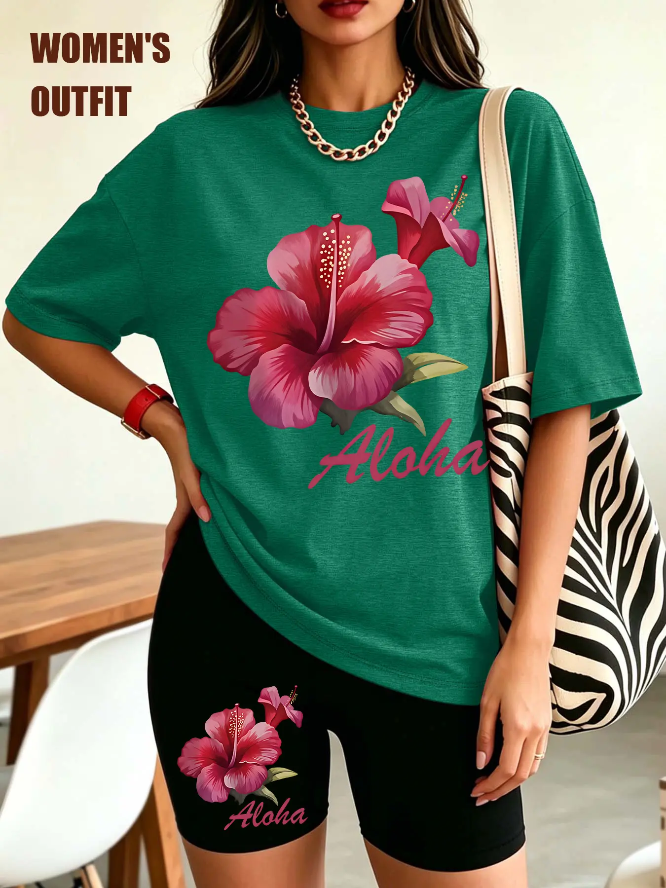 2Pcs Women Crew Neck Tee Biker Short Set, Tropical Hibiscus Aloha Summer Vacation Hawaii Casual Print Outfit, Multi-color Washable Soft Spring Summer Daily Fashion Set