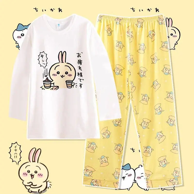 Women's Chiikawa Anime 2-Piece Cotton Sleepwear Set - Short Sleeve Round Neck, Loose-Fitting Thin Version Casual Spring Loungewear, Breathable Cartoon Pajama Pants