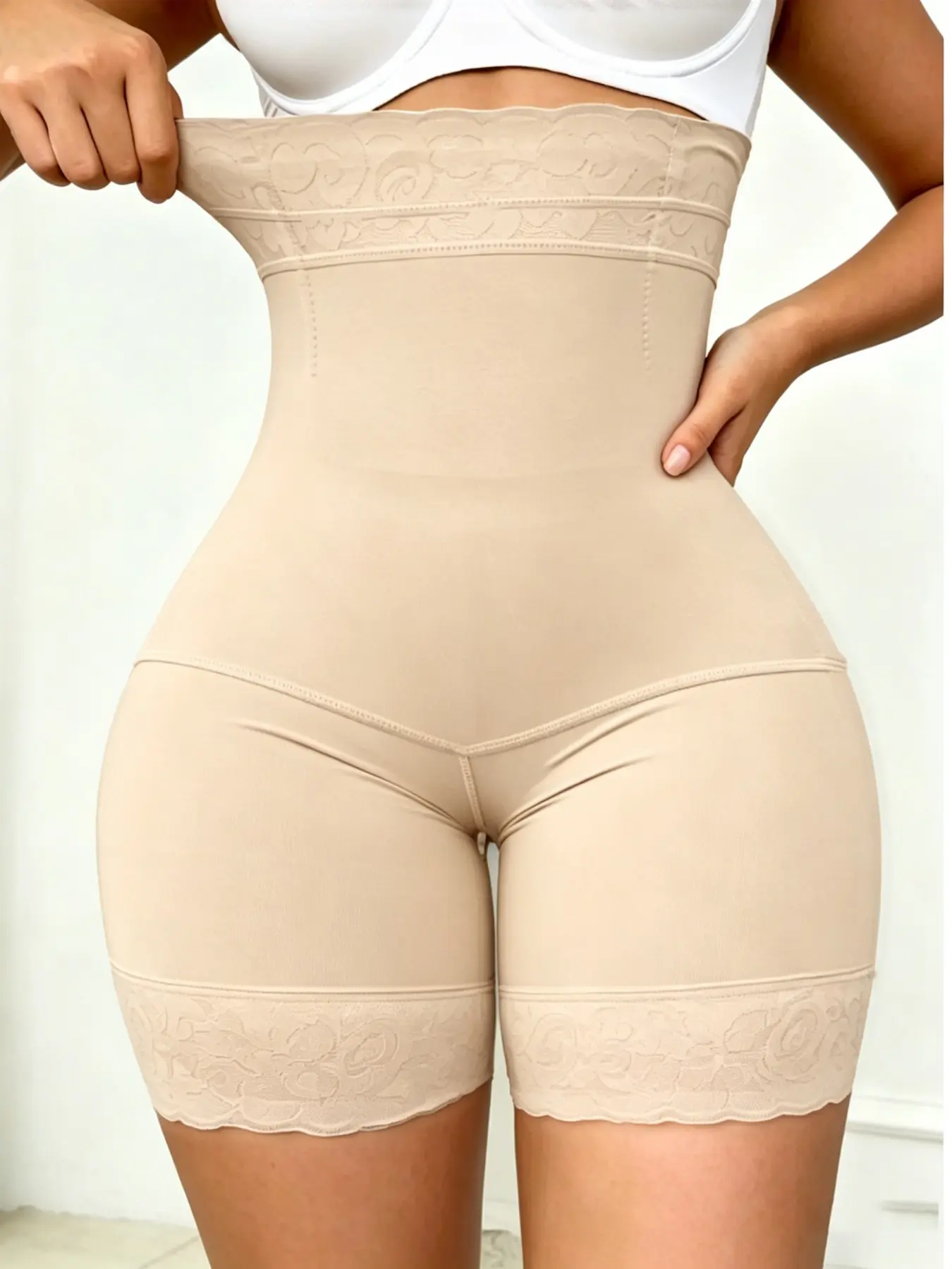 Women's High-Waisted Shapewear Shorts, Tummy Control Butt Lifting, Breathable Seamless Design, Zipper Crotch Lace, Casual & Sporty, Underwear