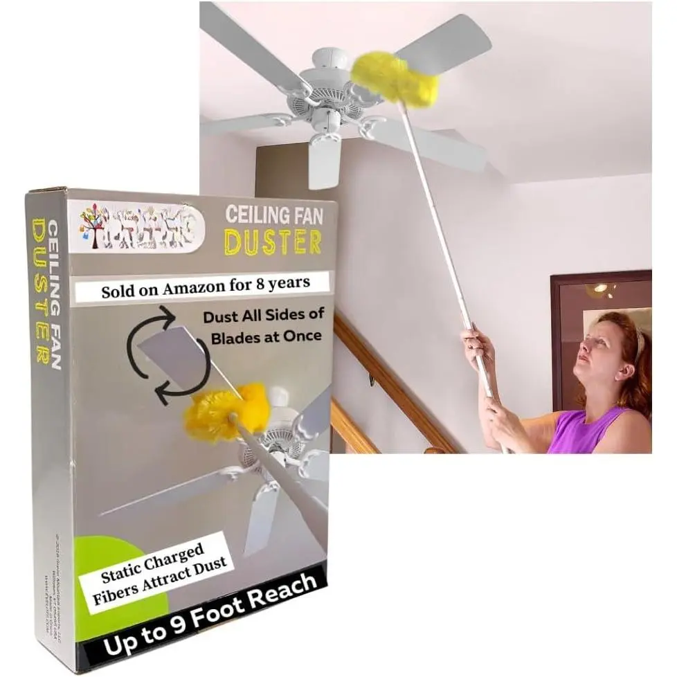 Ceiling Fan  Brush Cleaner - Long Extension Pole - Brush Both Sides at the Same Time - Scratch Resistant Microfiber  Cobweb Duster - Extra Long with  up to 9