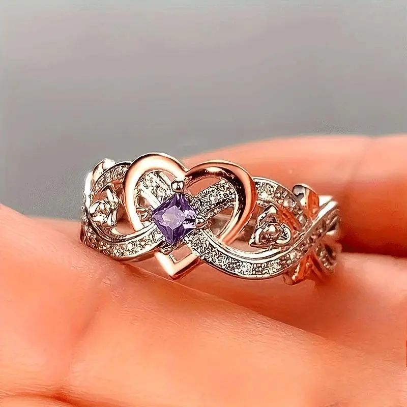 925 Sterling Silver Infinity Heart Ring with Purple Synthetic Zirconia for Anniversary, Engagement, Or Wedding (2.8G)