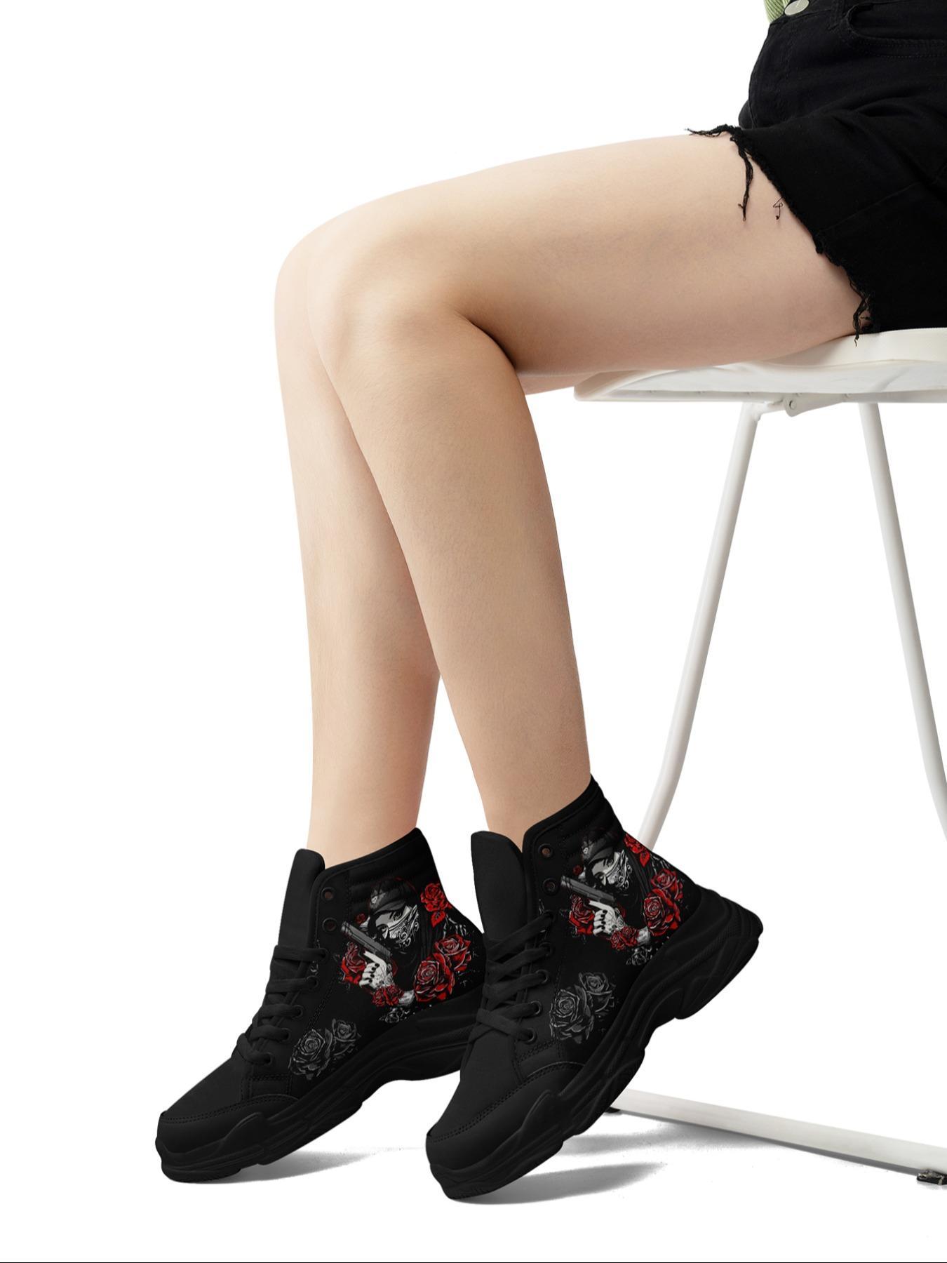 Women's Fashionable Rose & Lady Pattern Lace Up High Top Sneakers, Casual Comfortable Sports Shoes for Daily Wear, Breathable Non-slip Shoes for All Seasons