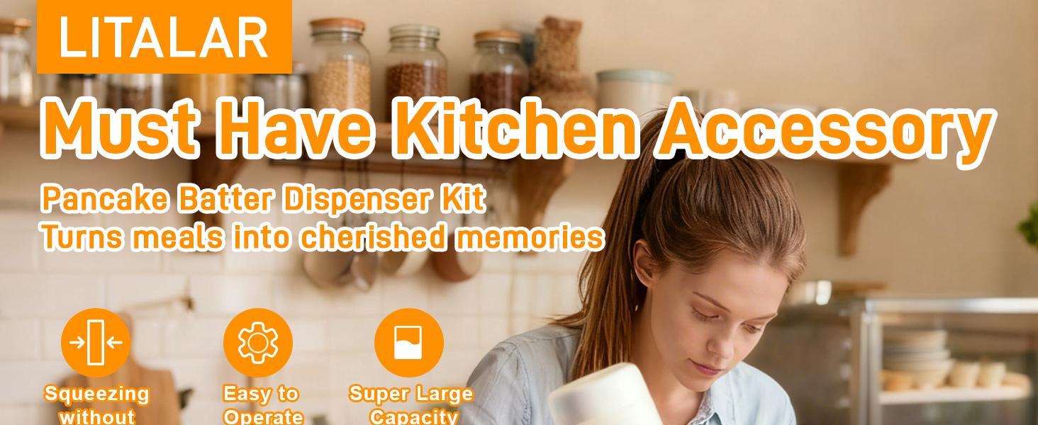 Pancake Batter Dispenser with Blender Balls – 33 Oz Pancake Mixer Bottle, Kitchen Batter Squeezer with Graduated Lines & Sturdy Base for Cupcakes, Crepes, Muffins, Pancakes