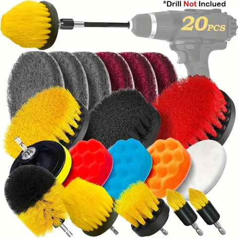 20-Pack Multi-Use Drill Brush Attachments Set with Extendable Long Attachment, Nylon Bristles Brushes/Pads, Cleaners, Buffing Pads for Car Detailers, Daily Chores, Shower Cleaning & Shine Enhancement