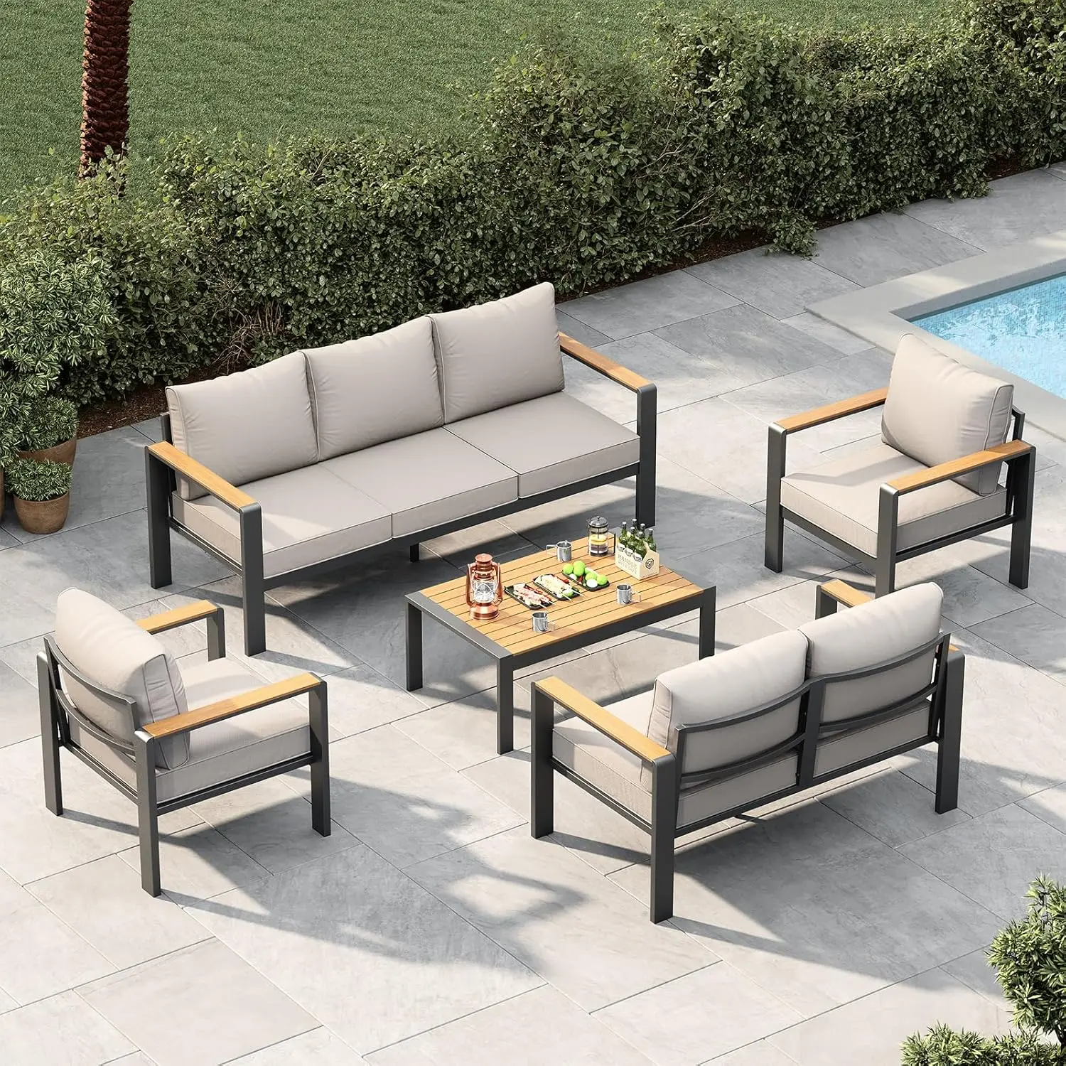 Aluminum Frame 5-Piece Outdoor Sectional Sofa Set - Extra Wide Arms, Thick Washable Cushions, Coffee Table - Modern Backyard Porch Seating - Gray