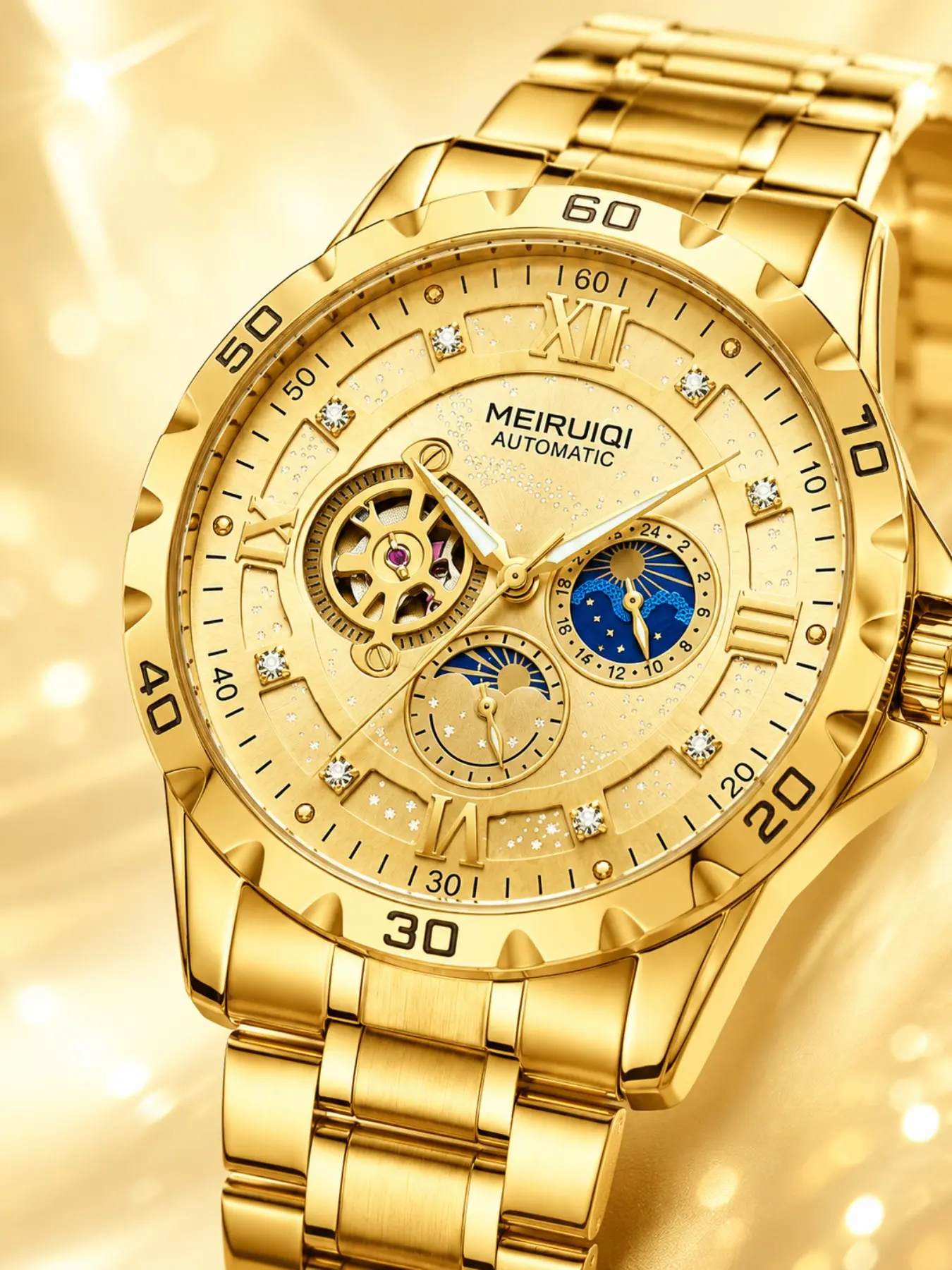 Luxury Men's Automatic Watch, Elegant Dial with Diamond Accents, Dual Time Zone, Waterproof, Comfortable Alloy Strap, Fashionable Waterproof Wristwatch