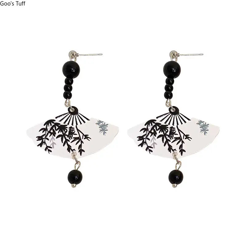 Women's Oriental Vintage Fan-Shape Beaded Tassel Drop Earrings - Copper Base Costume Jewelry for Women, Elegant Chinese Style Accessory for Hanfu Parties & Casual Outfits