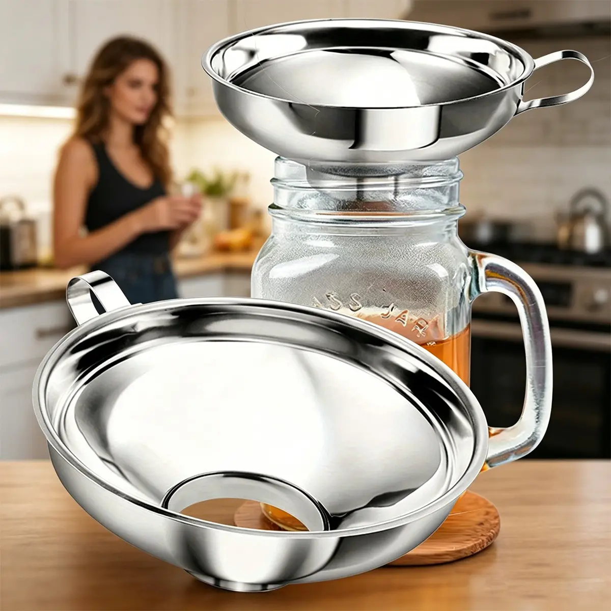 2 Pack Food Grade Metal Funnel, Durable Wide & Regular Mouth Funnel with Strainer and Handle, Multipurpose Kitchen Tool for Oil and Jar Filling