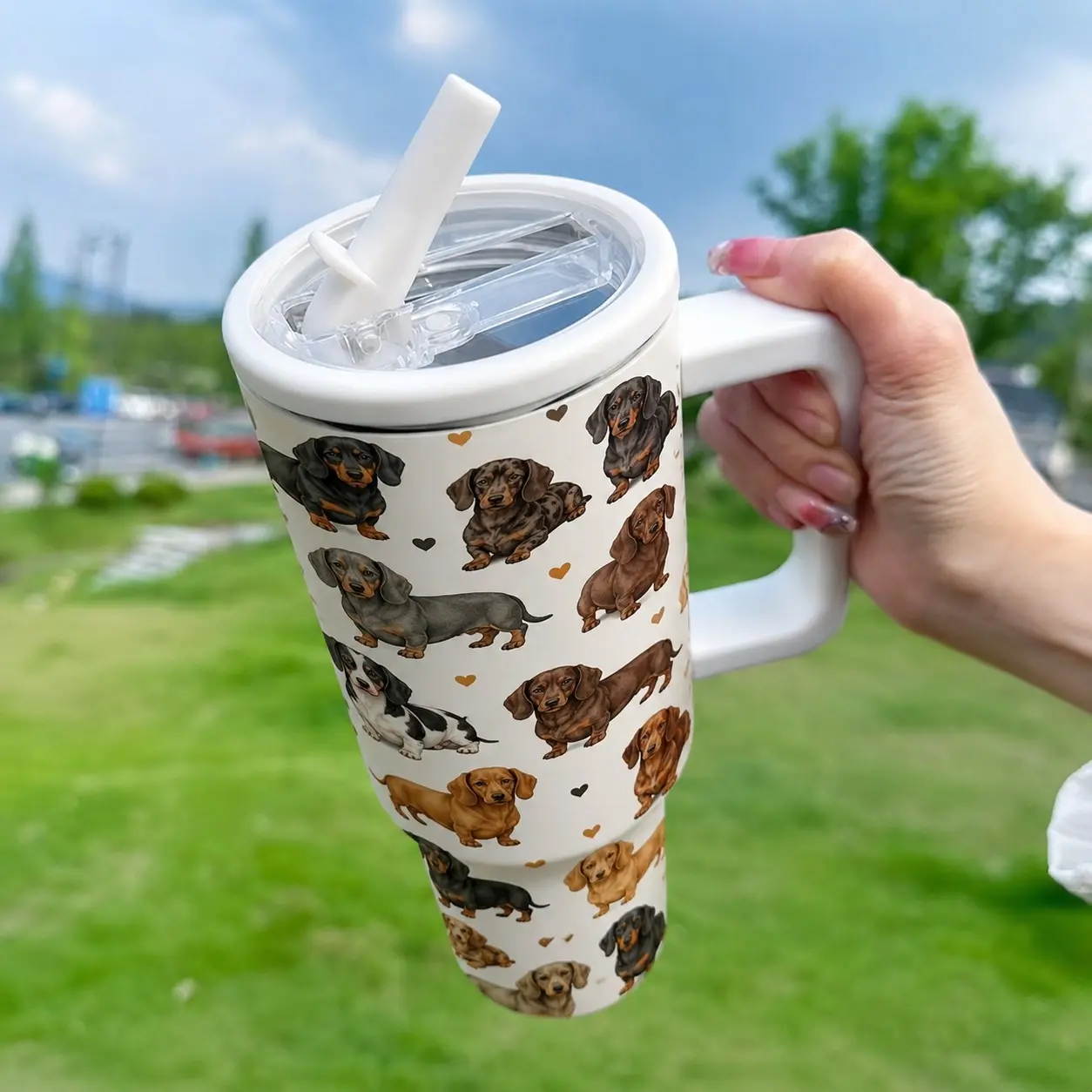 1PC 40oz Dachshund Puppy Heart Pattern Insulated Tumbler with Handle & Lid, Double Wall Vacuum Leak-Proof Travel Mug, Hot 12H Cold 24H, Large Capacity Cup for Men Women, Valentine Birthday Christmas Pet Lover Gift, Travel Mugs Insulated for Hot and Cold