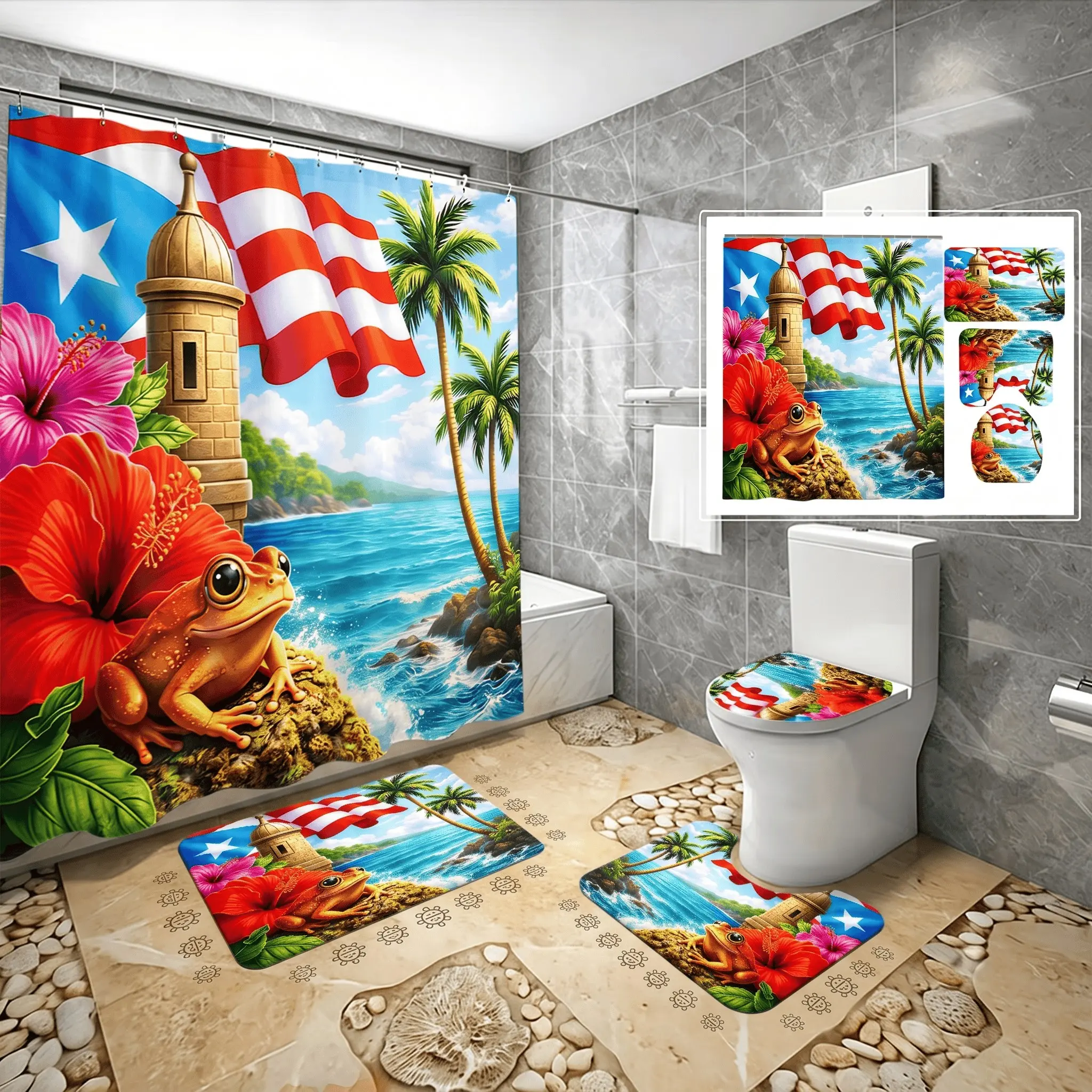 4pcs Puerto Rico Flag Tropical Shower Curtain Set, Caribbean Coqui Frog Hibiscus Floral, Beach Bath Mats,The floor mat fabric is thicker and softer!  Summer Holiday Bathroom Decor