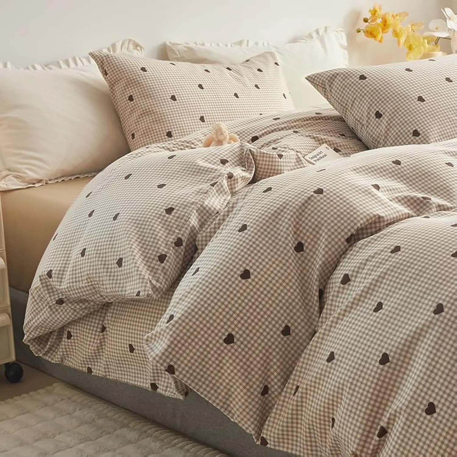 Queen Size Duvet Cover Set - Brown Gingham Duvet Cover with Zipper Closure - 3 Pieces, Includes 1 Duvet Cover& 2 Pillowcases, 100% Cotton Queen Bedding Sets for Teen Girls