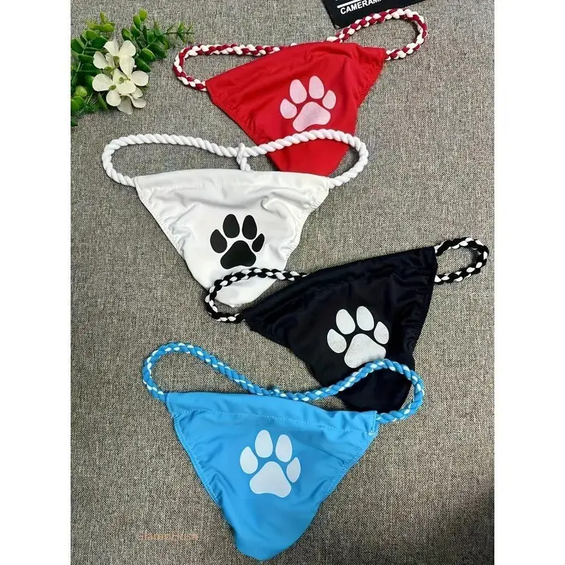 Male Animal Print Bikini Bottom - Casual Paw Print Swimwear with Adjustable Straps & Quick-Dry Fabric, Great for Pool Parties, Swimsuit, Stretch Fabric, Sporty Chic, Sports & Outdoor, Secure Fit, Boho Braid Detail, Multi-Size, Lightweight Fabric