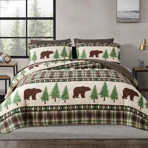 Comforter Set Queen Size Rustic Bear Comforter Bedding-7 Piece Bed in a Bag, Soft Reversible Microfiber Bedding Set(1 Comforter,1 Flat Sheet,1 Fitted Sheet,2 Pillowcases,2 Pillow Shams),Green