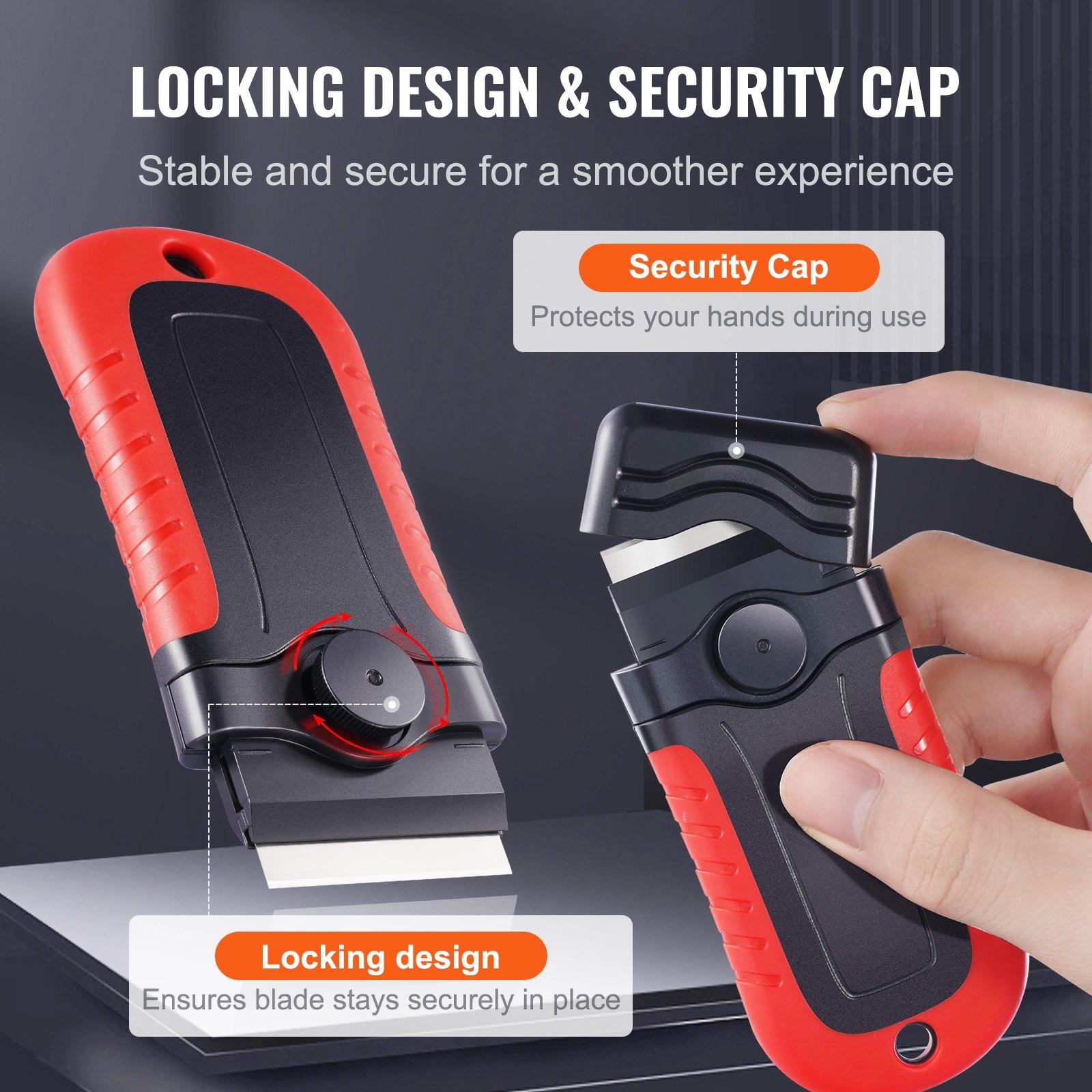 VEVOR Razor Blade Scraper, 15 Extra Blades, Locking Scraper Tool with Security Cap, Carbon Steel and POM Blades, for Cleaning Labels, Stickers, Decals, Paint from Glass Window Stovetop Cooktop Oven