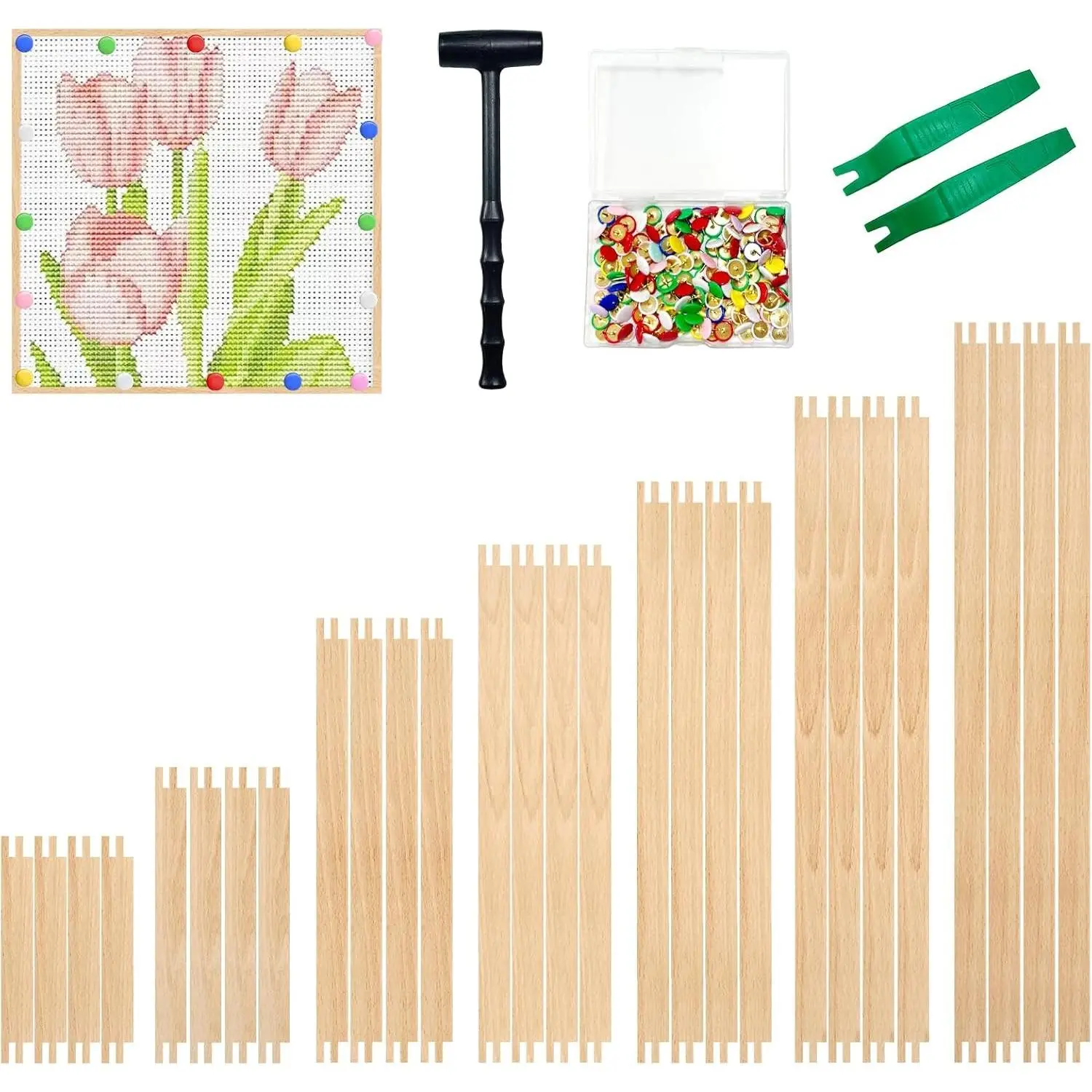 Wood Canvas Stretcher Bars 7 Sizes 28 Pcs Needlepoint Frame Kit for Embroidery Needlework Oil Painting Posters Art Supplies with Hammer and Thumbtacks 6 8 12 14 16 18 20 Inch