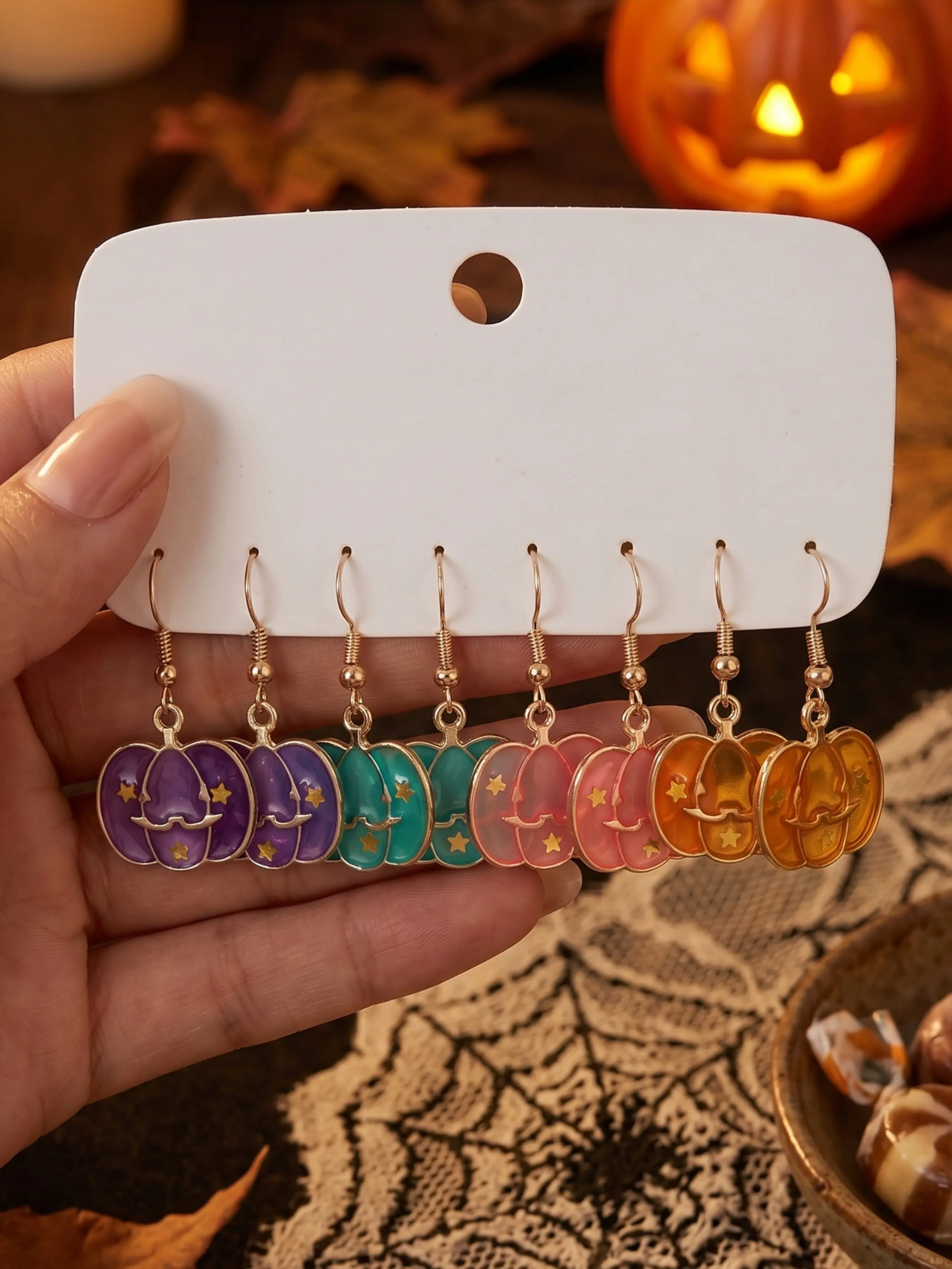 4 Pairs Colorful Pumpkin Drop Dangle Earrings Set, Alloy Star Pumpkin Lantern Earrings, Cute Halloween Thanksgiving Jewelry, Women's Party Gift