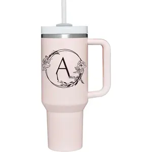 Personalized 40oz Tumbler Cup with Initials.Cup with Letter A 40oz Tumbler with Handle.Custom Tumbler Cup with Letter.Initial Monogram Tumbler Mug Gifts  Women Birthday Christmas.