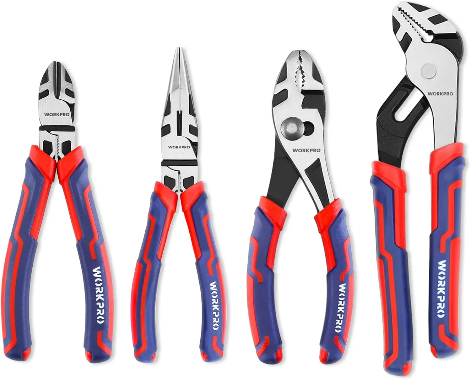 CR-V Steel 4-Piece Pliers Set, Heat-Treated Hand Tools with Anti-Slip Grip Including Long Nose, Diagonal Cutting, Joint, Slip Joint Pliers for Plumbing Auto Tasks - Red