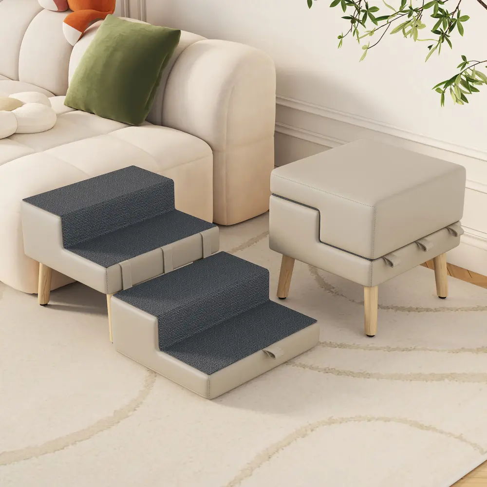 2-in-1 Foldable Small Pet Stairs & Ramp - Modern 4-Step Ottoman, Solid Wood Frame, Joint Safe, Non-slip Surface, Clean Easily, Holds Up To 220lbs, Light Grey (for Small Puppies & Cats, Bed Access)