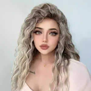 ZX-Long Tight Curl Synthetic Full Wig, Ash Blonde Side Part Curly Hair Wig for Women