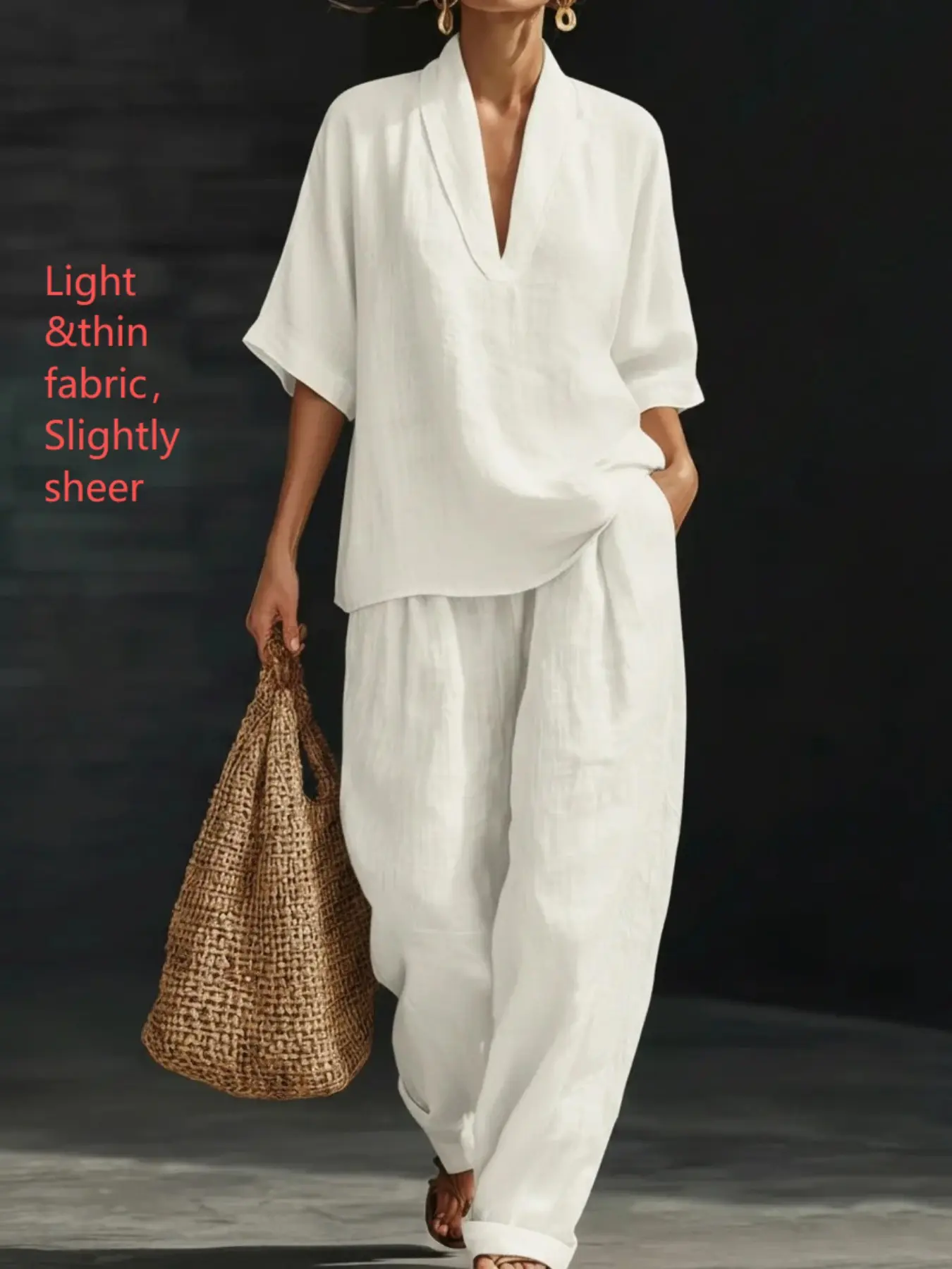 Women's Two-Piece Set, V-Neck Short Sleeve Top and Wide Leg Pants, Casual Minimalist Loose Baggy Oversized Home Wear, Comfortable and Stylish