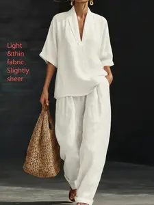 Women's Two-Piece Set, V-Neck Short Sleeve Top and Wide Leg Pants, Casual Minimalist Loose Baggy Home Wear, Comfortable and Stylish