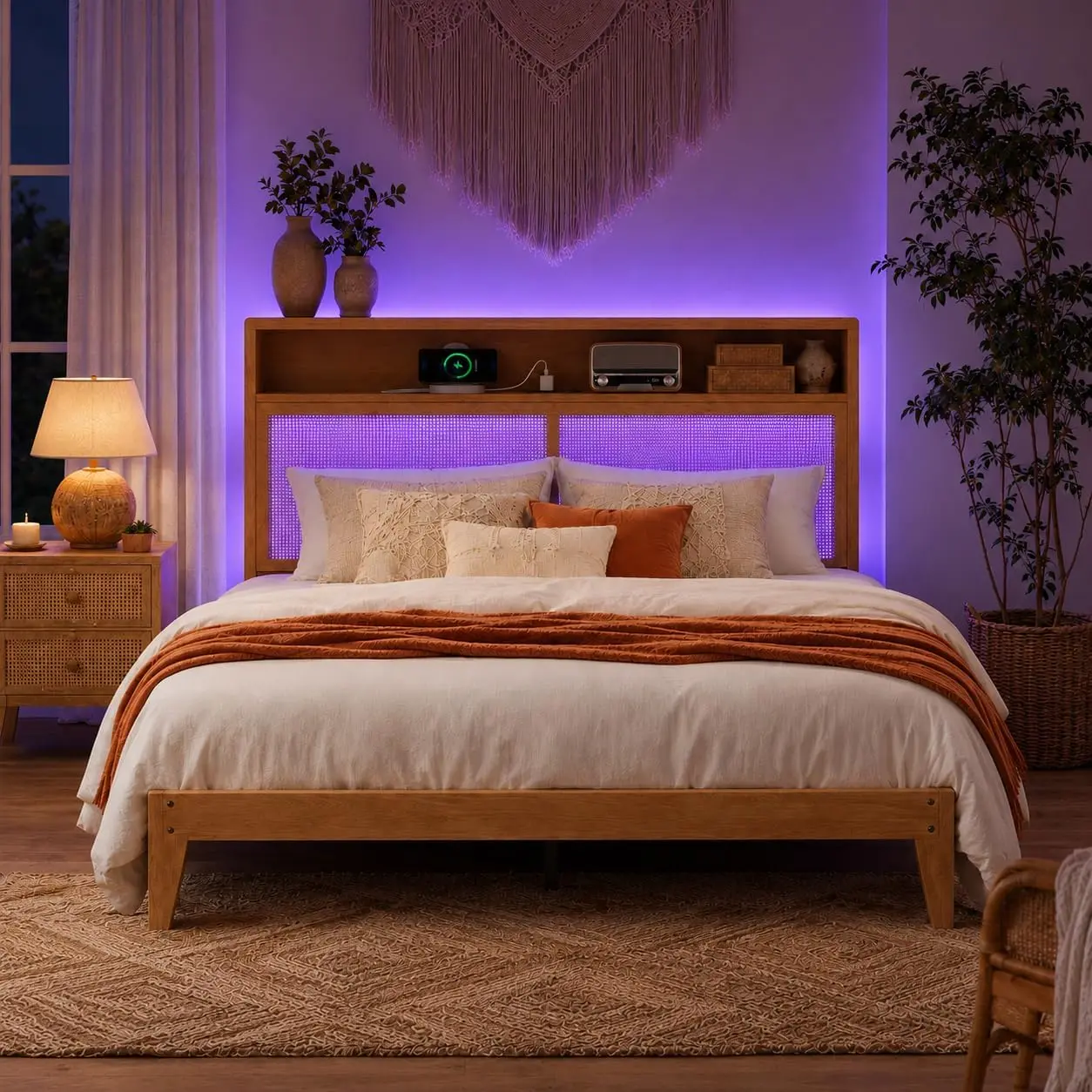 Rattan Boho Wood Bed Frame with RGB LED Light & Charging Station & 2-Tier Storage Headboard, Wooden Slats Support, Under-Bed Storage, No Box Spring Needed