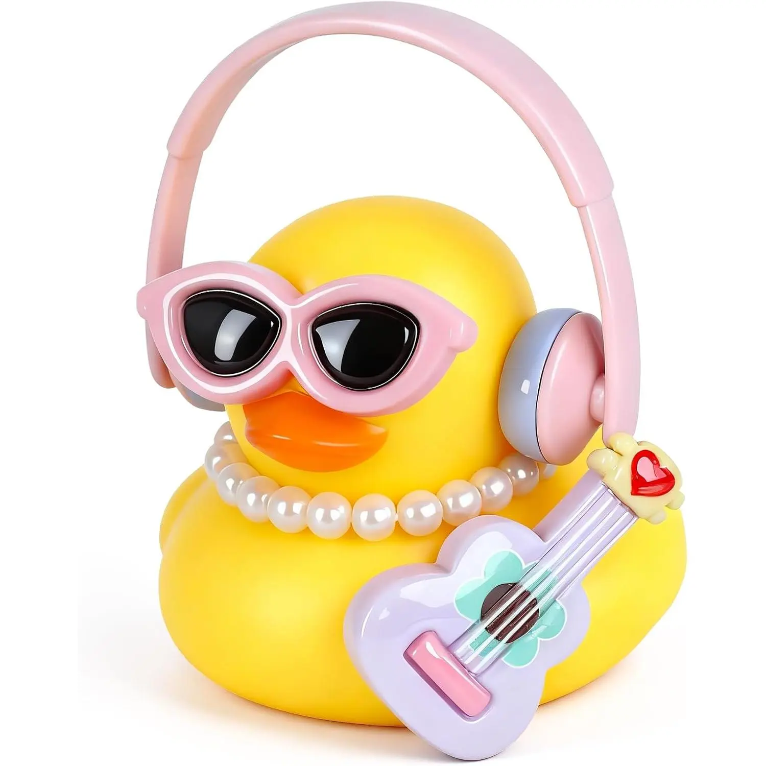 Rubber Duck  Ornament with  Sunglasses, Necklace, Guitar, Headphone, Funny Dashboard Decorations for , Office,  (Yellow Duck)
