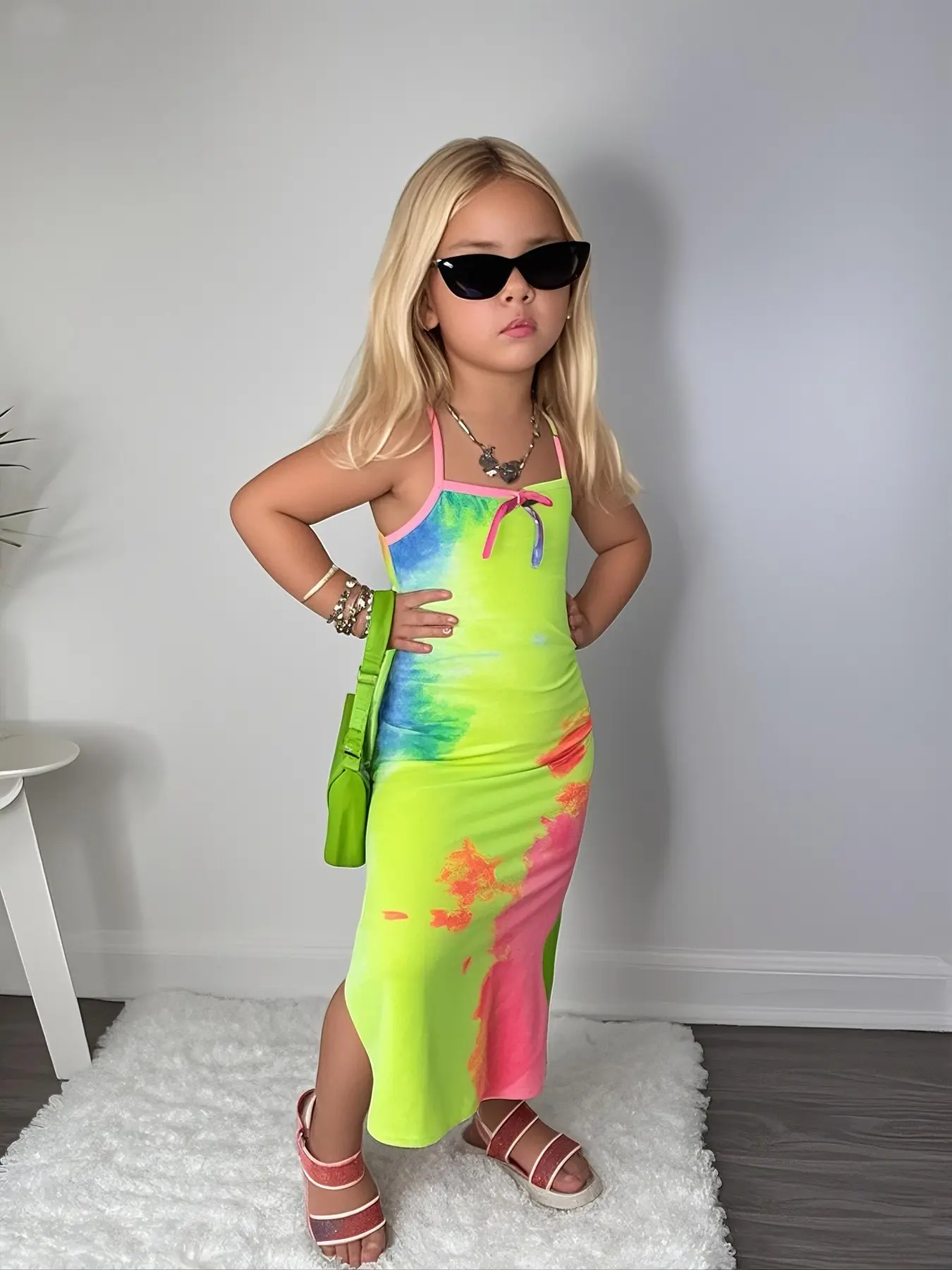 Trendy Tie-Dye Kids Maxi Dress, Neon Colorful Spaghetti Strap Dress, Cool Y2K Beach Fashion for Little Girls, Stylish Summer