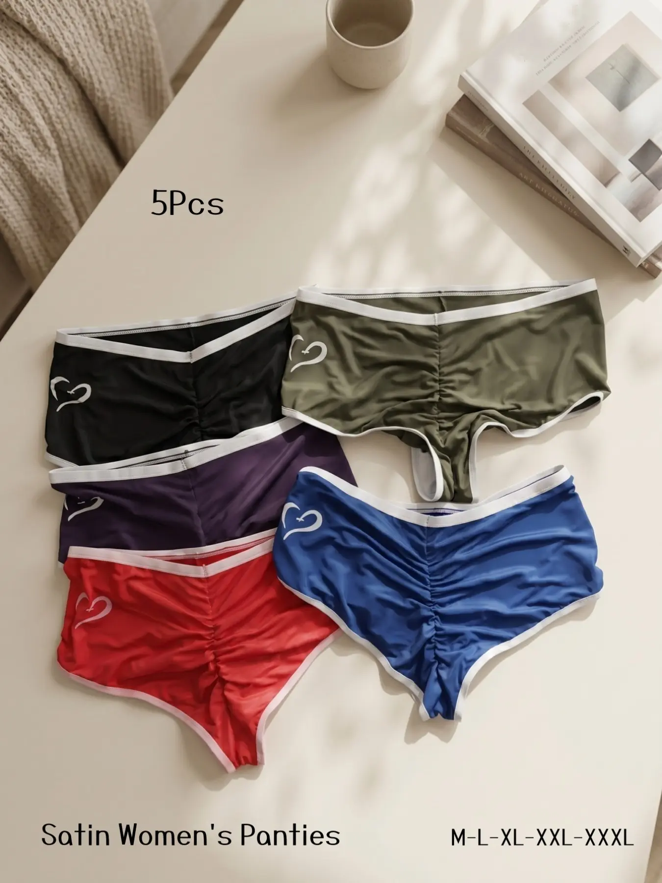 5-Pack Satin Ruched Women's Triangle Intimates Panties, Multi-Color Set, Heart-Shaped Design, Comfortable, Smooth & Stylish Lingerie