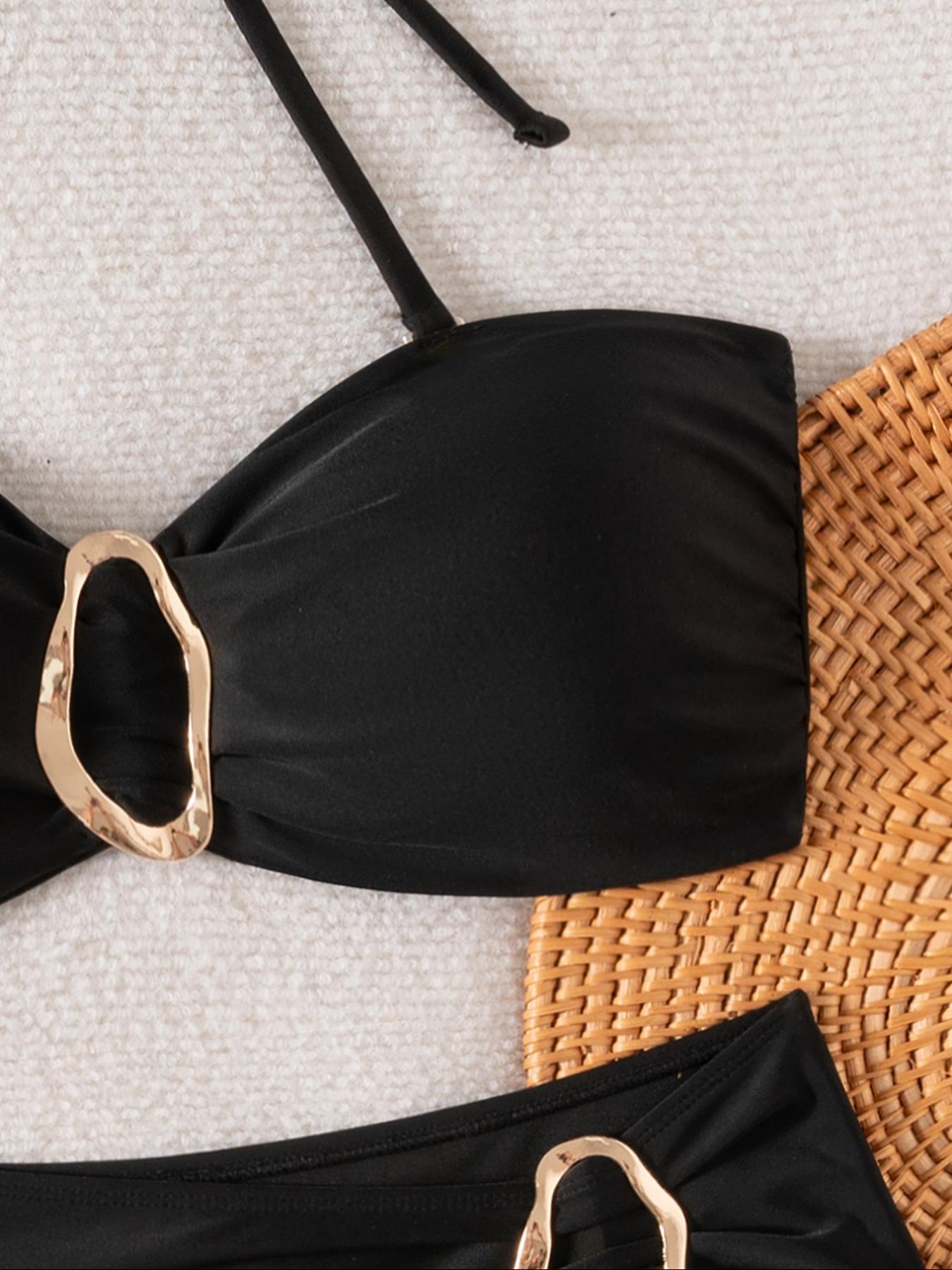 Two-Piece Set Women's Solid Metal Decor Bikini Set, Swimsuit Style Bikini, Sexy Fashion Chic Swimsuit for Beach Holiday Vacation, Ladies Summer Clothes