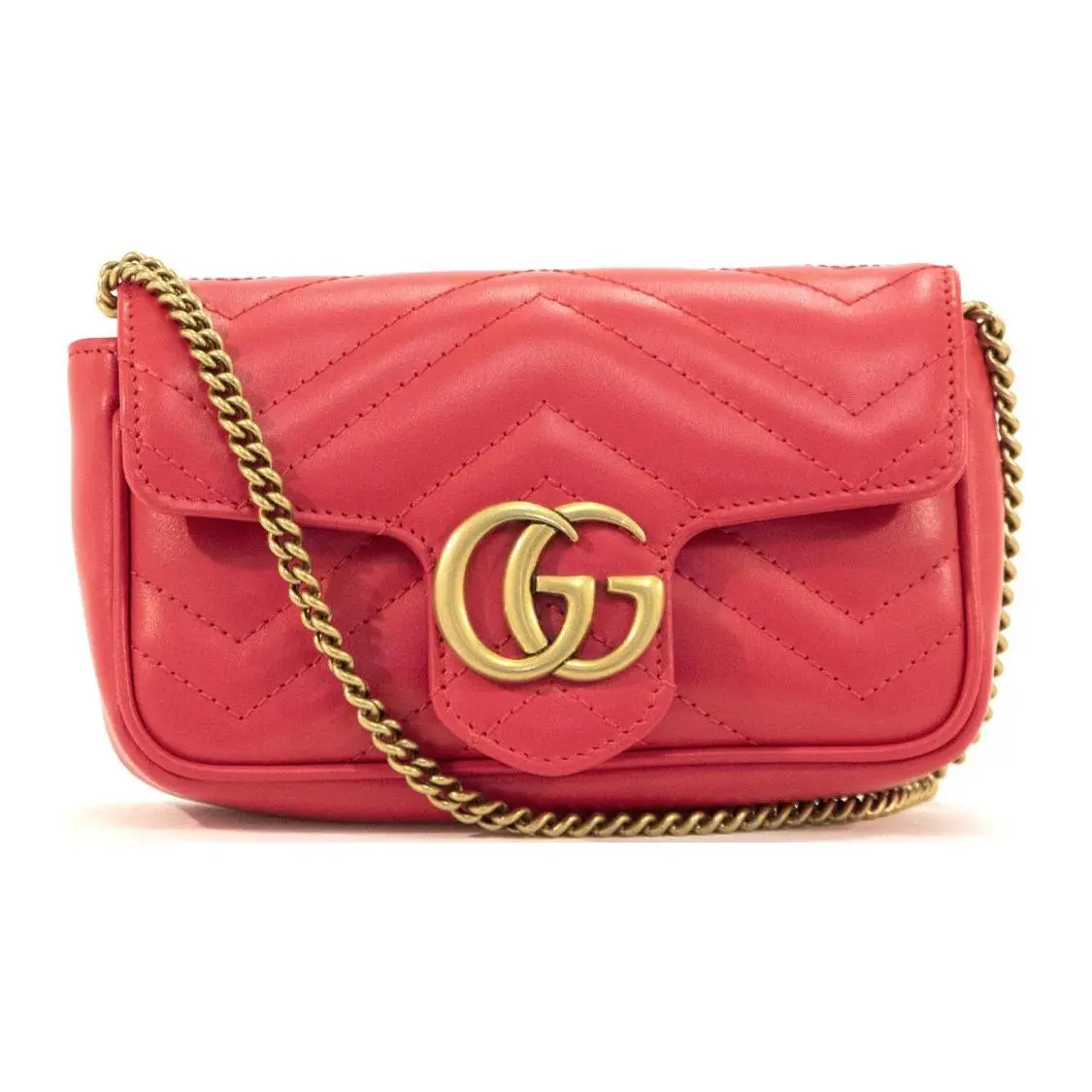 Gucci GG Marmont Distressed Gold Logo Chain Crossbody Bag for Women, Quilted Leather, Ultra-Mini, Red