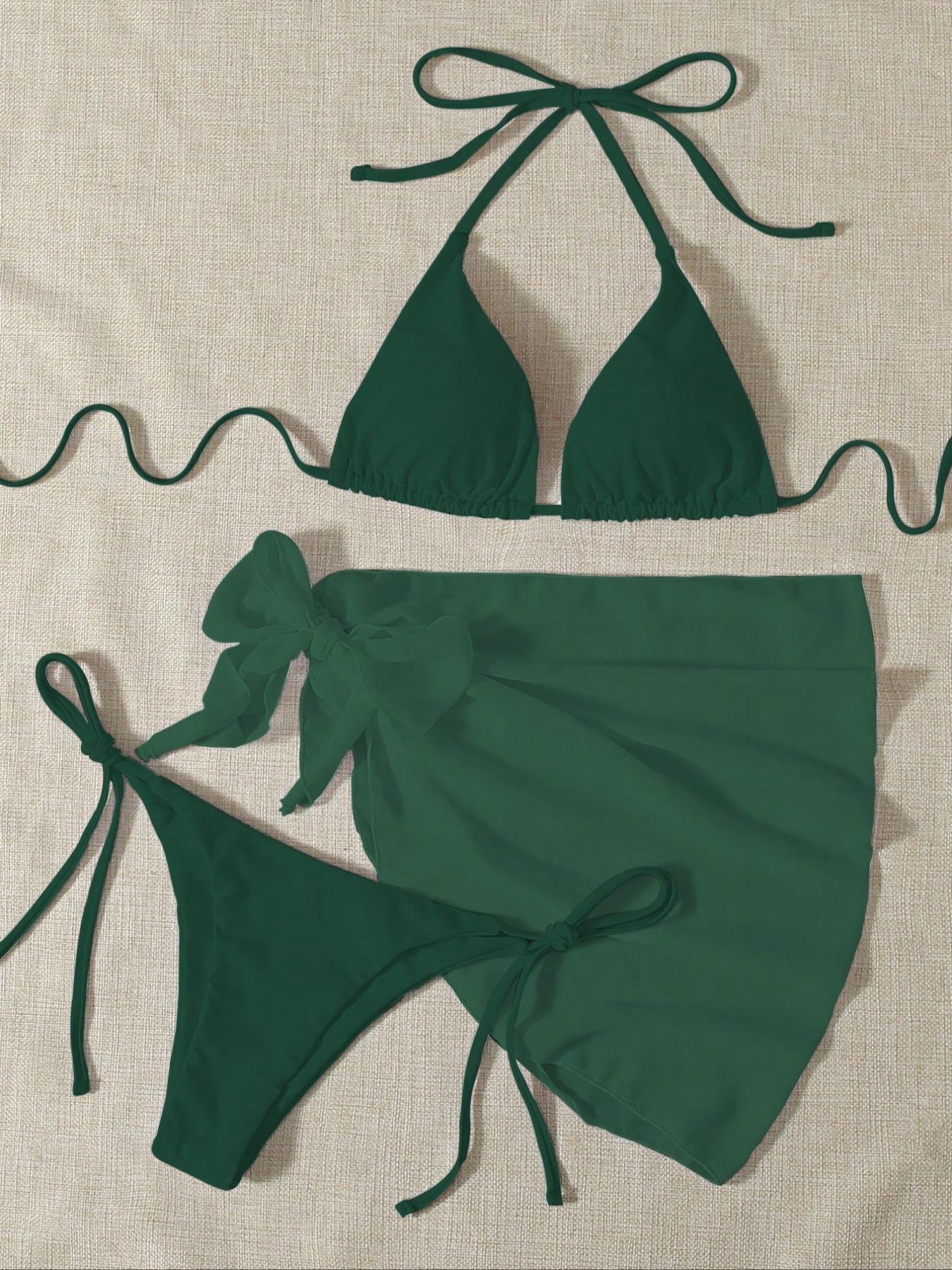 Three-Piece Set Women's Solid Bikinis Set,  Casual Padded Triangle Halter Swim Top & Tie Side Swim Bottom & Cover Up Skirt Set for Beach Holiday Vacation, Summer Outfits 2026, Plain Bikini Set