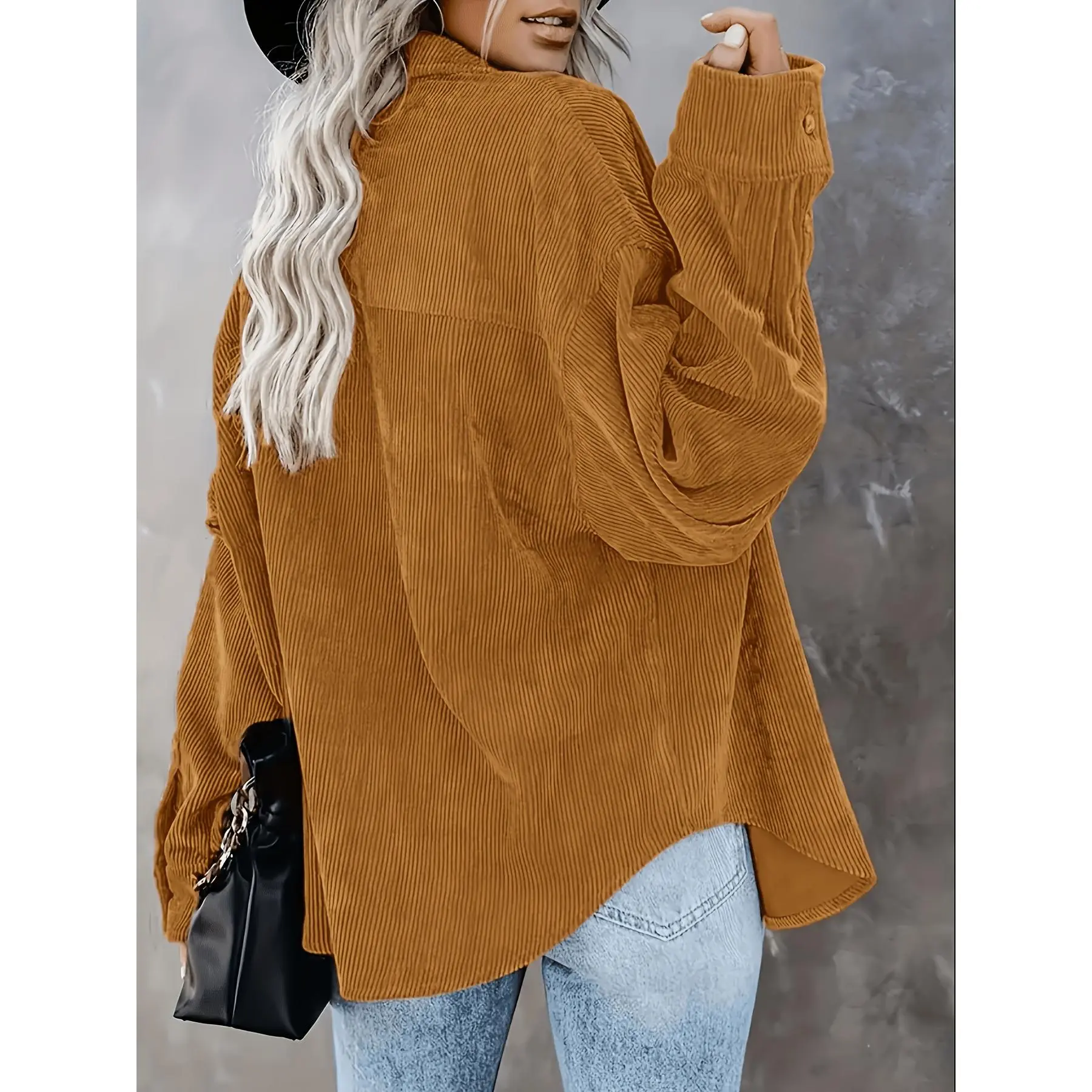 Women's Corduroy Polo Collar Button-Up Casual Long-Sleeve Blouse, Polyester Fabric, Flattering Fit