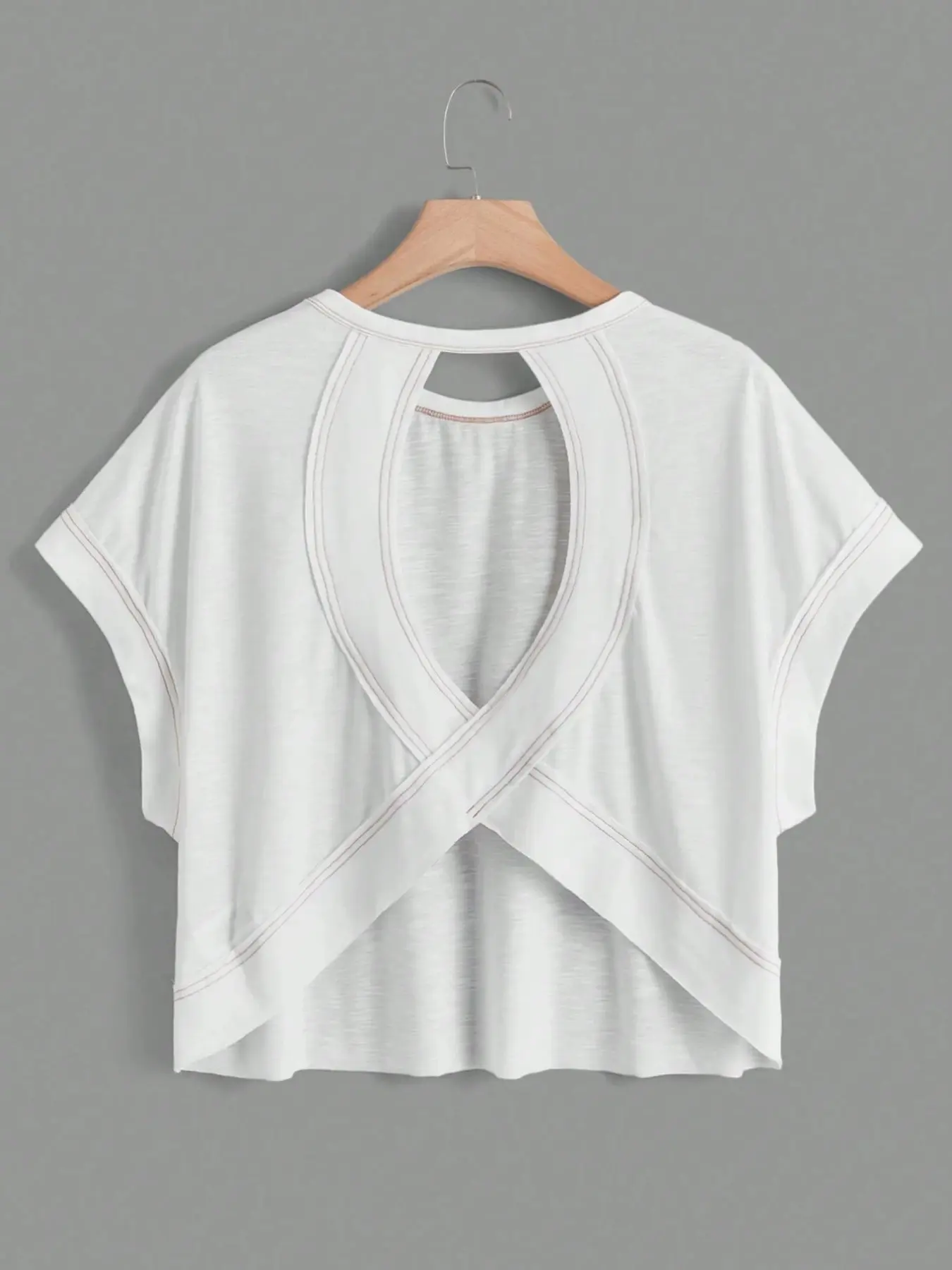 Women's European Style Backless Short Sleeve T-Shirt, Round Neck Cross Cut Out Design, Loose Fit Breathable Sports Top, Casual Fitness Wear