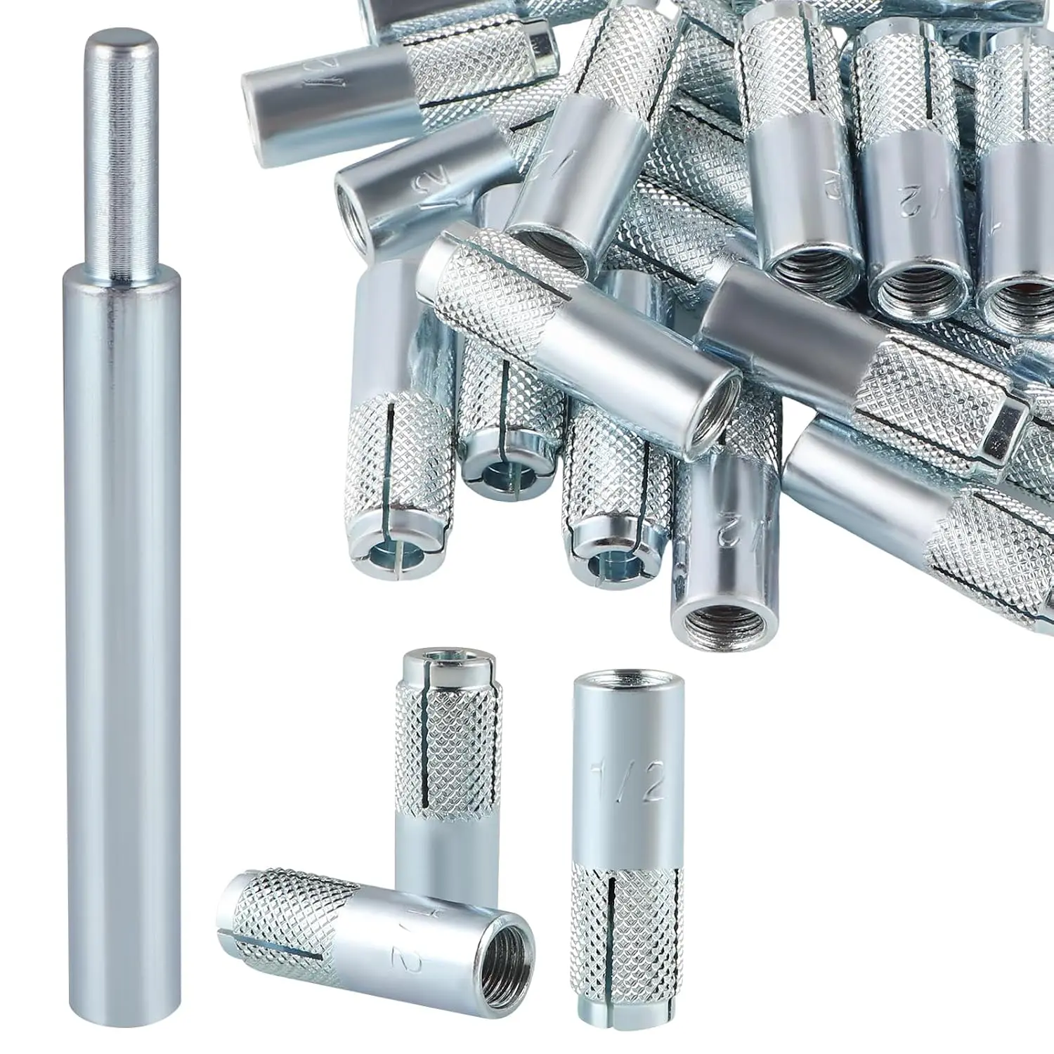 25 count Drop in Anchors with 1 count Hand Setting Tool, 1/2"-13 Female Thread Expansion Anchors for Concrete