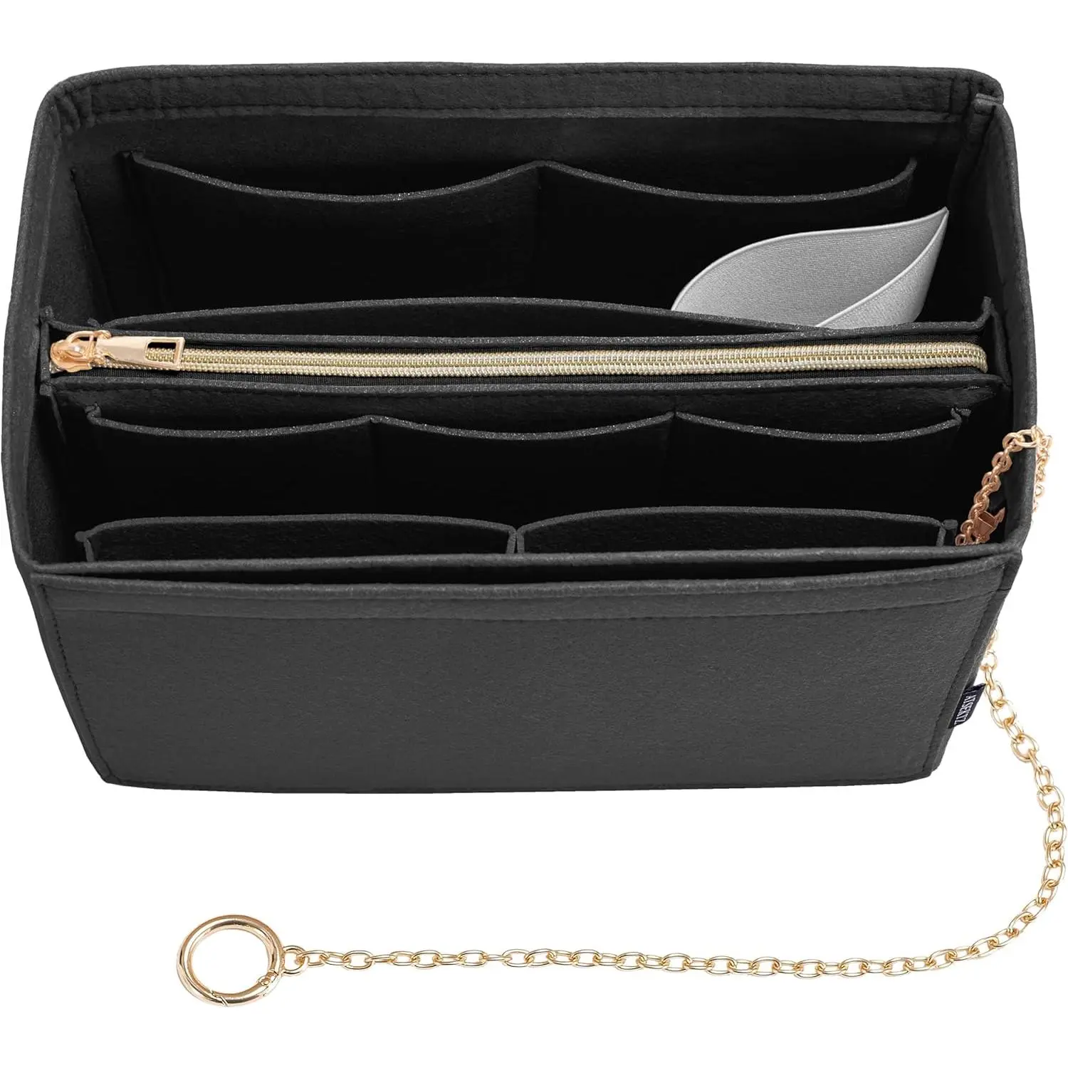 Purse Organizer Insert, Handbag Organizer with Zipper, Tote Shaper with Cup Holder & Keychain, Compatible with LV, Neverfull, MK, COACH, Longchamp, Kate Spade – Black-Lg