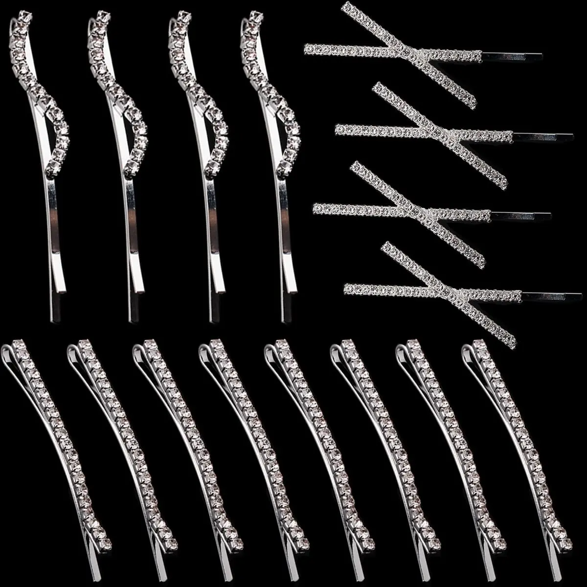 16 Pieces Rhinestone Bobby Pins, Fancy Metal Hair Clips, Crystal Shiny Barrettes, I S X Shaped Diamond Hair Accessories for Women Girls Wedding Prom Party (Silver)