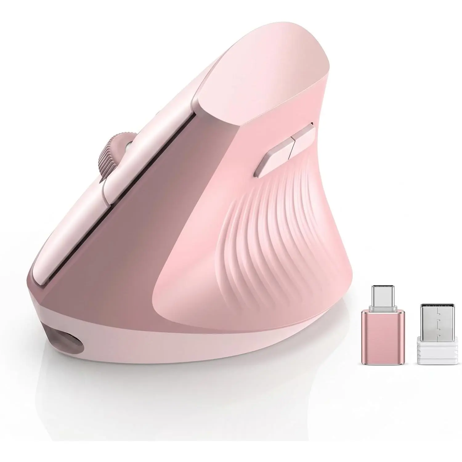 Ergonomic Wireless Vertical Pink Mouse - Multi-Device Gaming Mouse with BT5.0/4.0, 2.4G+USB-C Adapter, Rechargeable Silent Clicks, 4 Adjustable DPI Levels for MacBook, Laptop, PC Home Office
