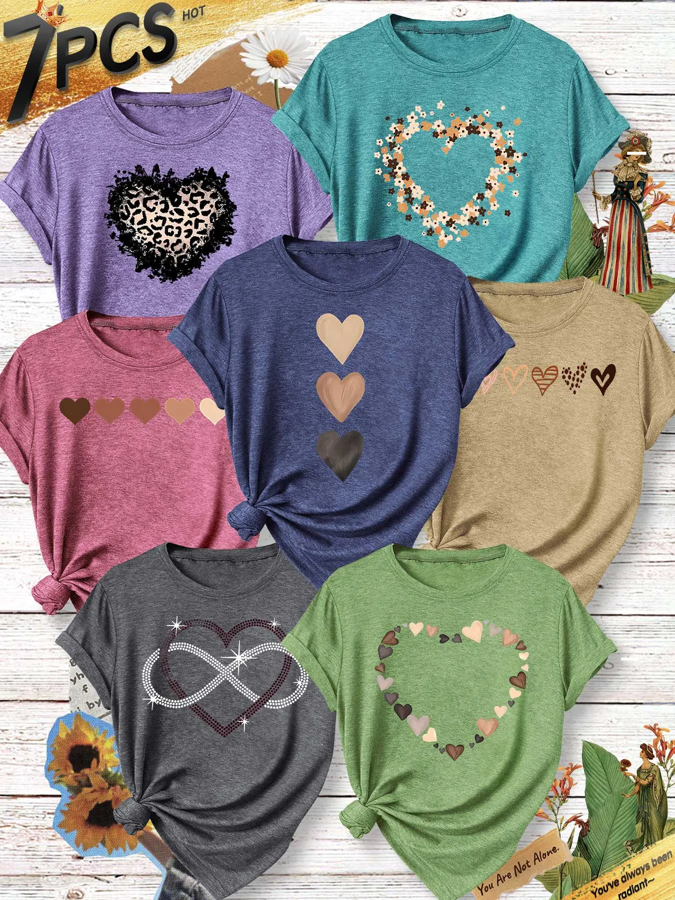 7Pcs Women Crew Neck T-shirt, Infinity Pearl Heart Floral Wreath Vintage Leopard Print, Multi-color Soft Fashion Casual Ladies Tees
