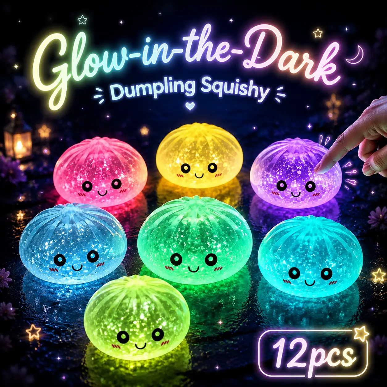 Pack of 12 Expressive Glow-in-the-Dark Dumpling Mystery Blind Box, Elastic TPR ASMR Calming Squeeze Toy, Fun Unboxing Collectible Trinket, Lovely Valentine Easter Friendship Exchange Ornament for Kids Teens