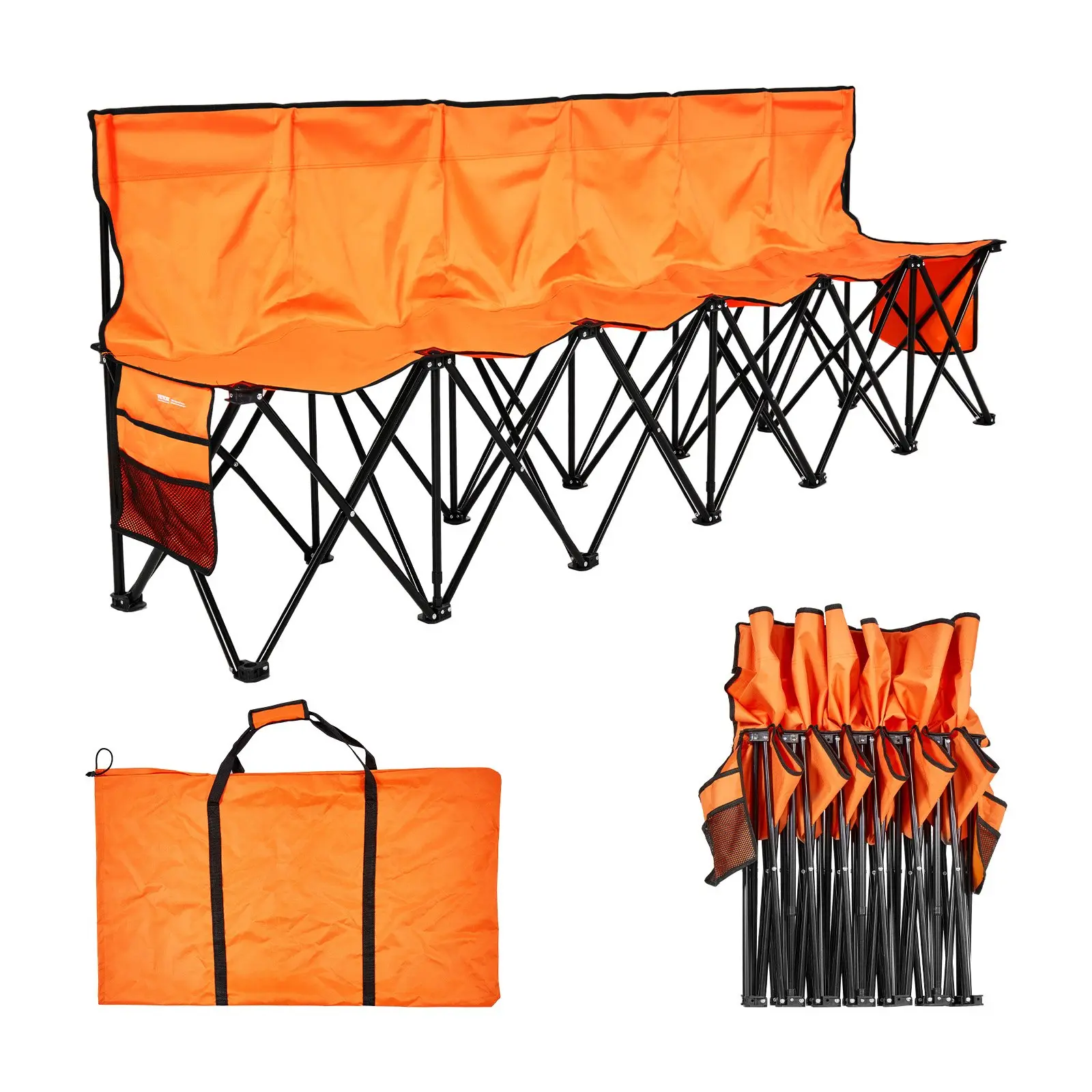 VEVOR 6-Seat Portable Folding Bench with Backrest, Side Pockets, Compact Carrying Bag, Lightweight Sideline Seating for Football/Baseball, Outdoor Events, 6 Seats