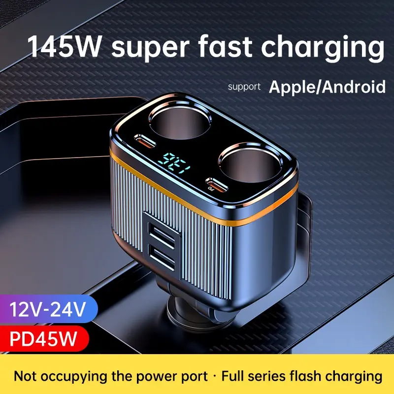 145W Multi-Function Car Cigarette Lighter Splitter with 2 Sockets & PD45W Fast Charging, 6-in-1 Car Charger Adapter with Voltage Display for iPhone/Android, 12-24V Universal Car Power Accessory