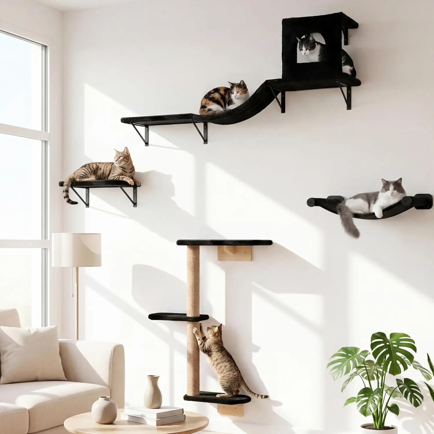 Wall Mounted Cat Furniture Set of 4 – 4 in 1 Cat Wall Shelves with Hammock, Bridge, Climbing Tree & Perch – Shelves for Large Cats, Holds Up to 30 lbs, Indoor Playground